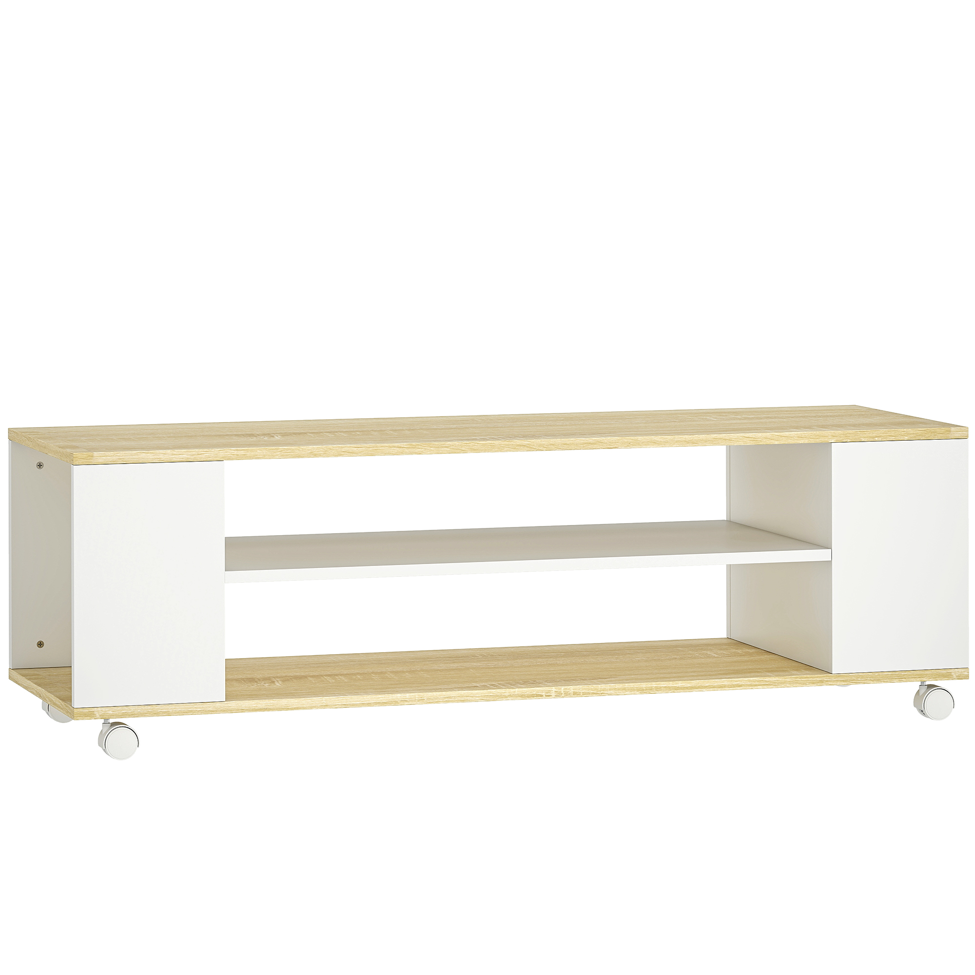 HOMCOM TV-Schrank, TV Lowboard mit Rollen, Fernsehtisch mit 2 Offenen Fächern, Fernsehschrank für TV-Geräte bis zu 55 Zoll, TV Board für Wohnzimmer, Weiß+Natur 120 x 40 x 38,5 cm Aosom