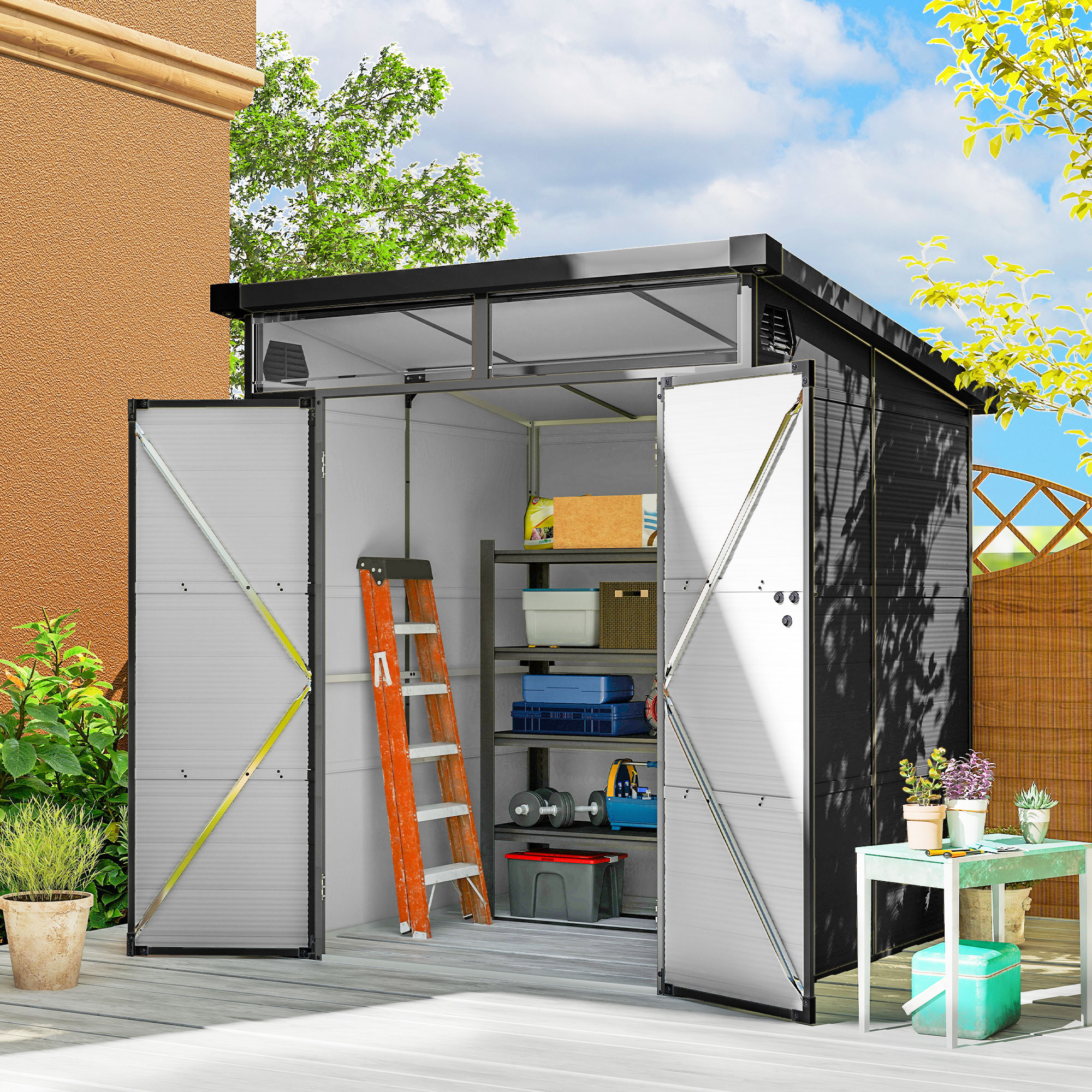 Outsunny 6 x 6ft Outdoor Storage Shed, Plastic Garden Shed with Windows and Air Vents, Outdoor Resin Tool Shed with Latch Doors for Garden, Deck, Dark Grey 2