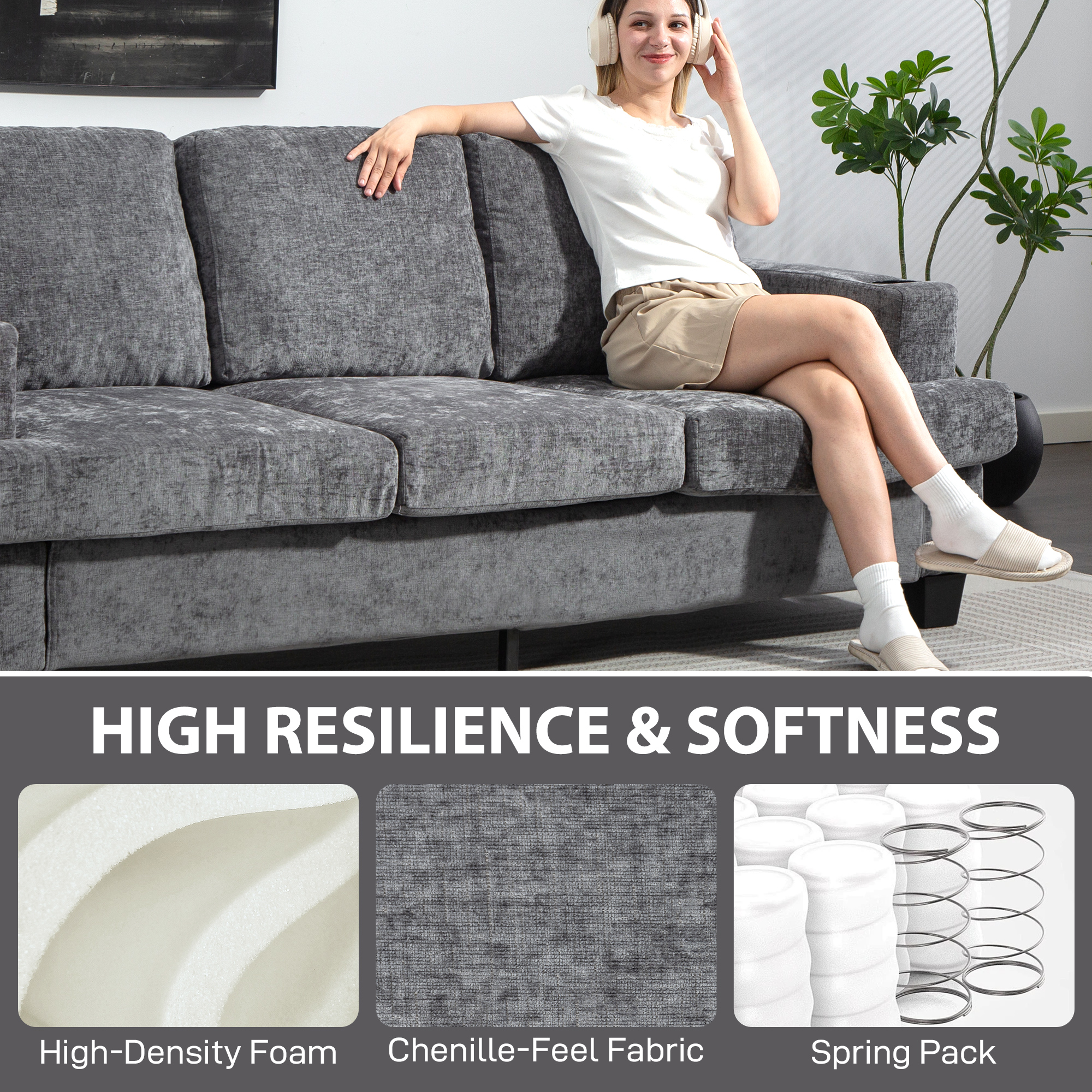 HOMCOM 3 Seater Sofa with USB Ports & Cup Holders Grey 6