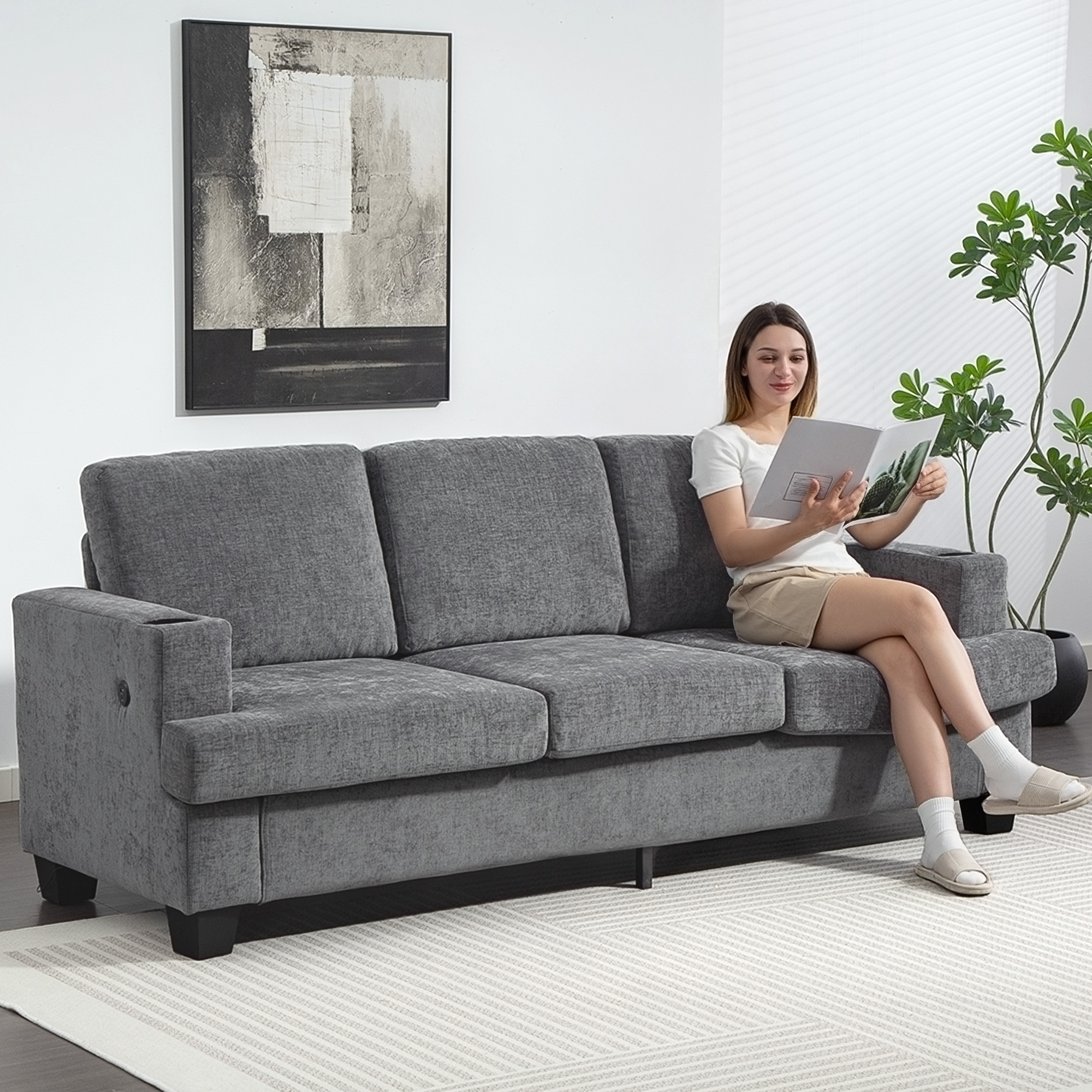 HOMCOM 3 Seater Sofa with USB Ports & Cup Holders Grey 2