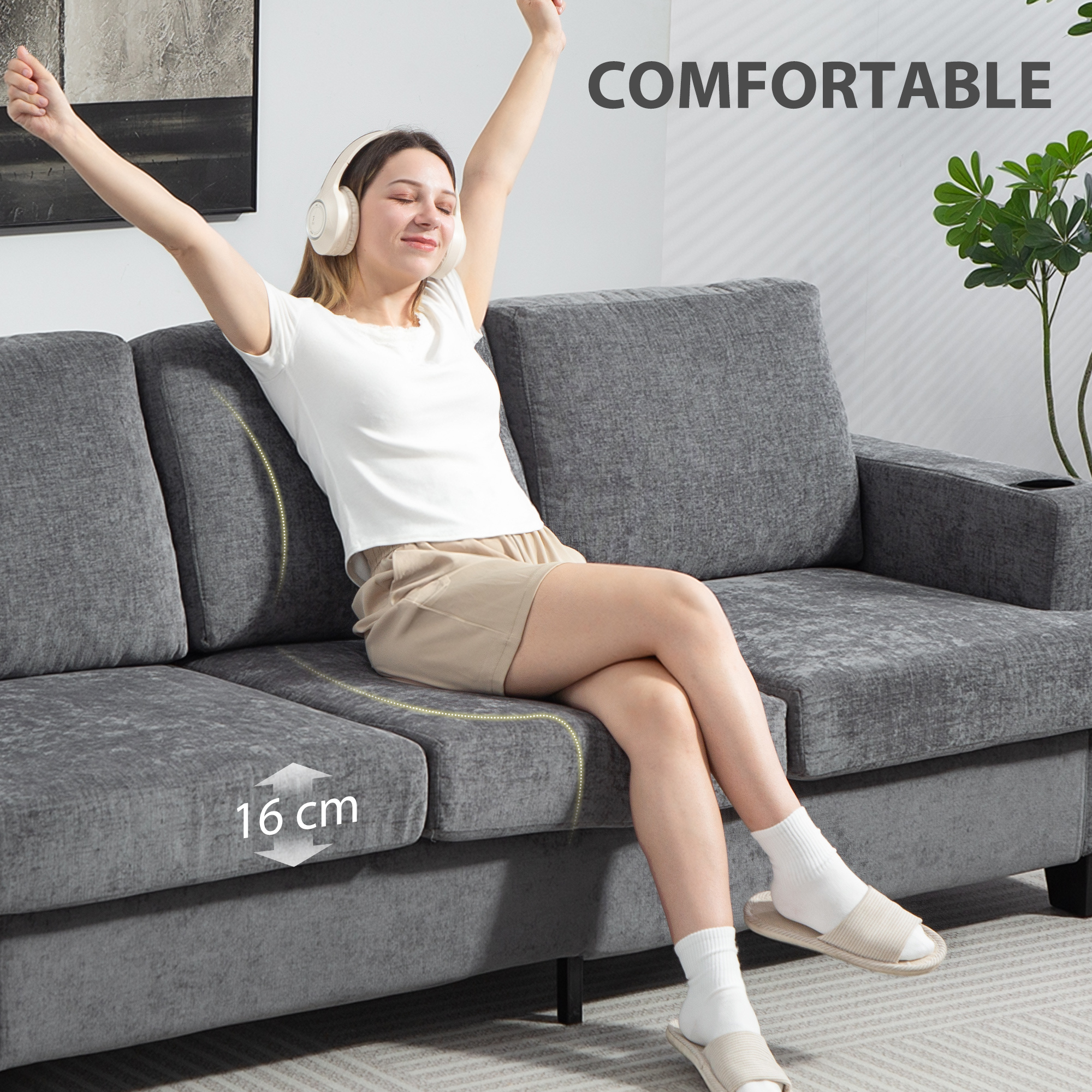 HOMCOM 3 Seater Sofa with USB Ports & Cup Holders Grey 7