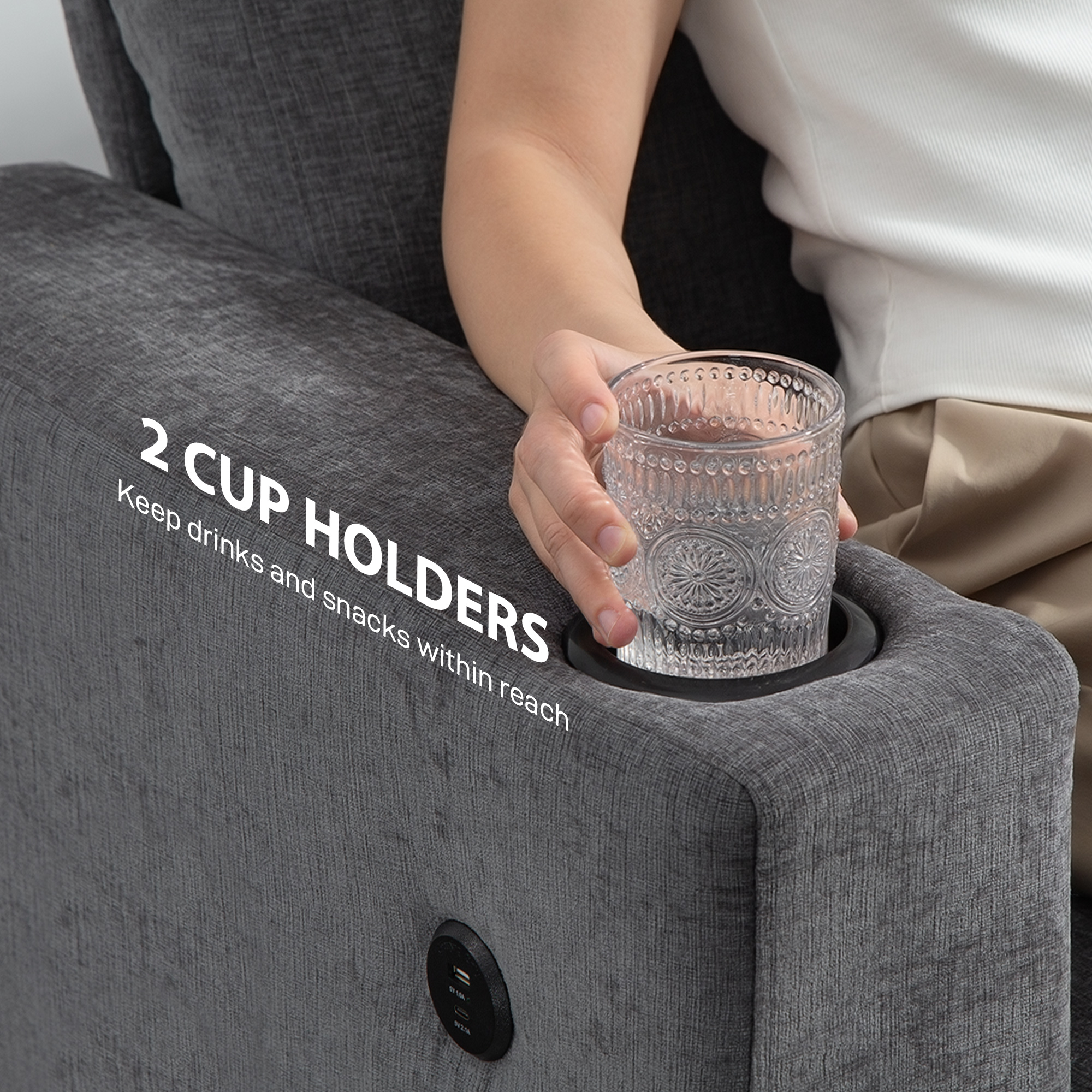 HOMCOM 3 Seater Sofa with USB Ports & Cup Holders Grey 5