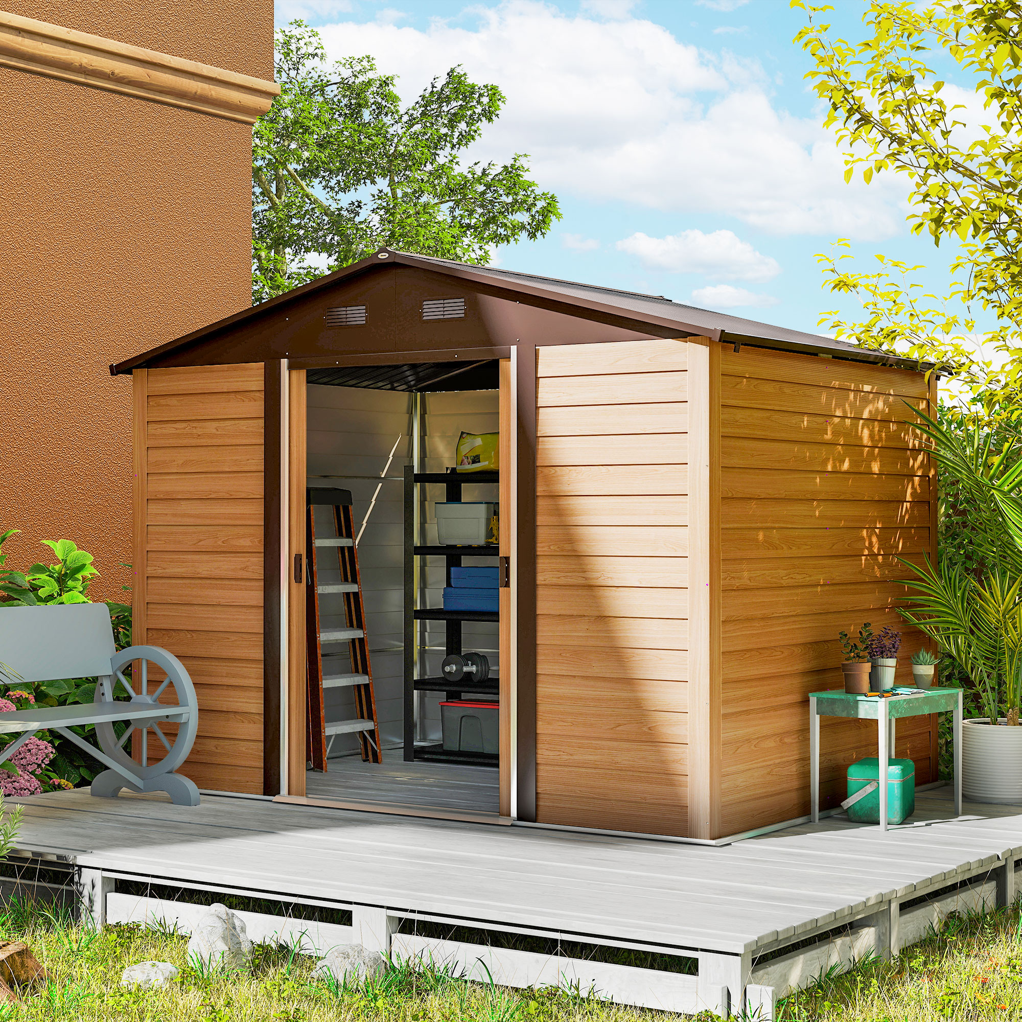 Outsunny 9 x 6ft Galvanised Steel Shed Brown Wood-Effect 2