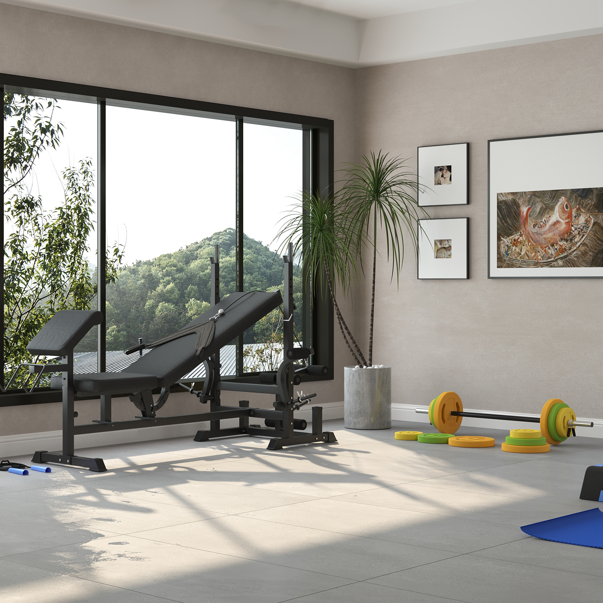 HOMCOM Weight Bench with Adjustable Barbell Rack, Leg Extension, Preacher Curl Pad and 20kg Barbell Set 2