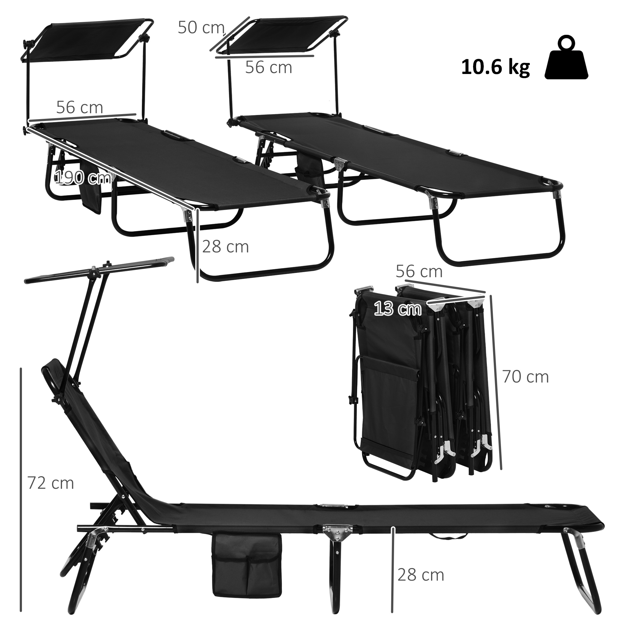 Outsunny Set of Two Folding Sun Loungers, with Adjustable Backs and Sun Canopies Black 3