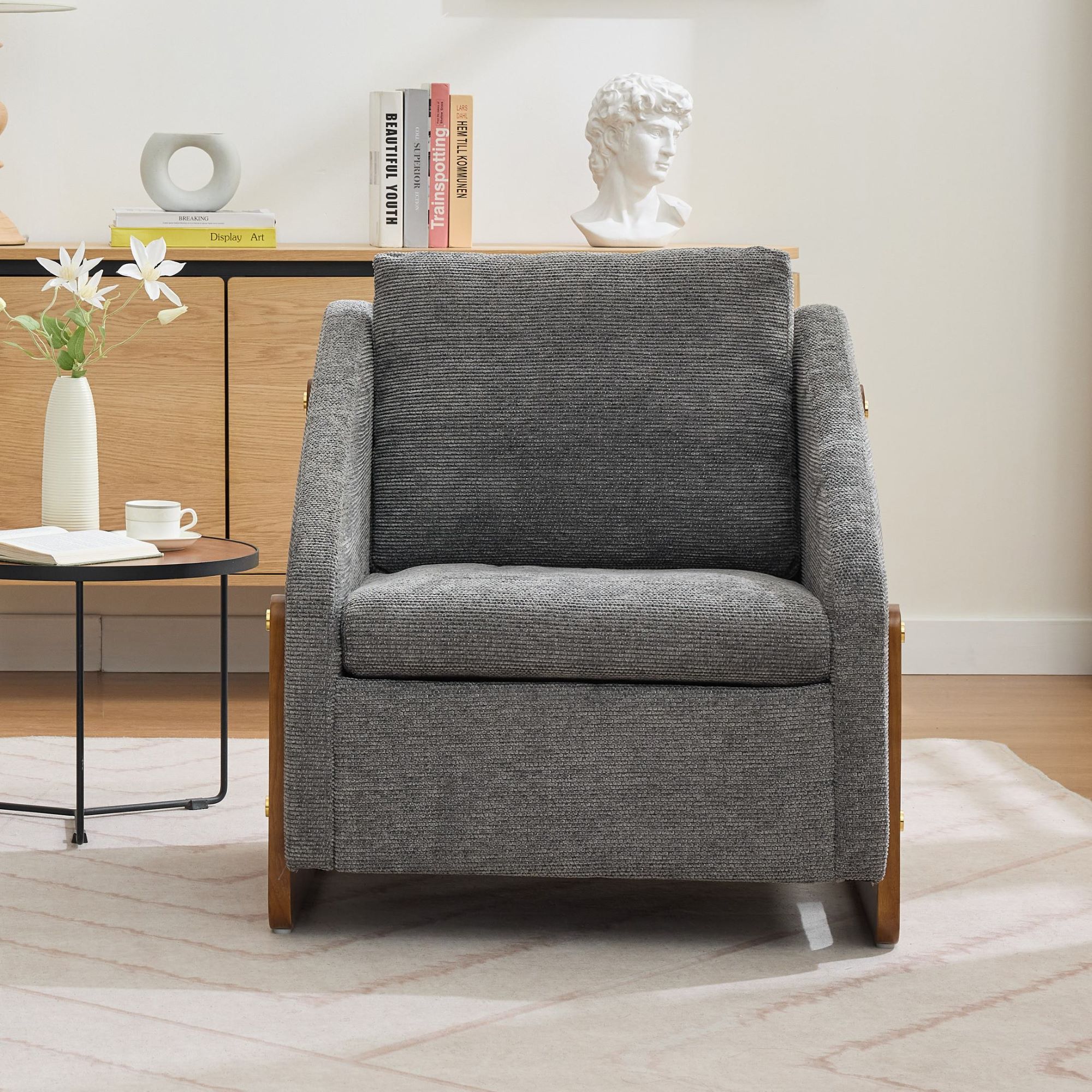 Moderner Akzentstuhl für Wohnzimmer, Loungesessel mit Holzarmlehnen und Rüc günstig online kaufen