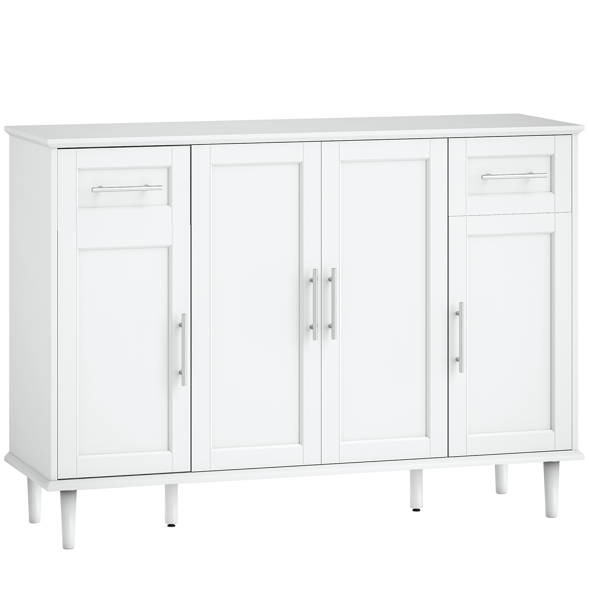 HOMCOM Mobilier de Sufragerie, Credență cu 2 Sertare și 3 Dulapuri cu Rafturi Reglabile, Comodă cu Picioare din Pin pentru Sala de Mese și Bucătărie, 120x38x86 cm, Alb | Aosom Romania