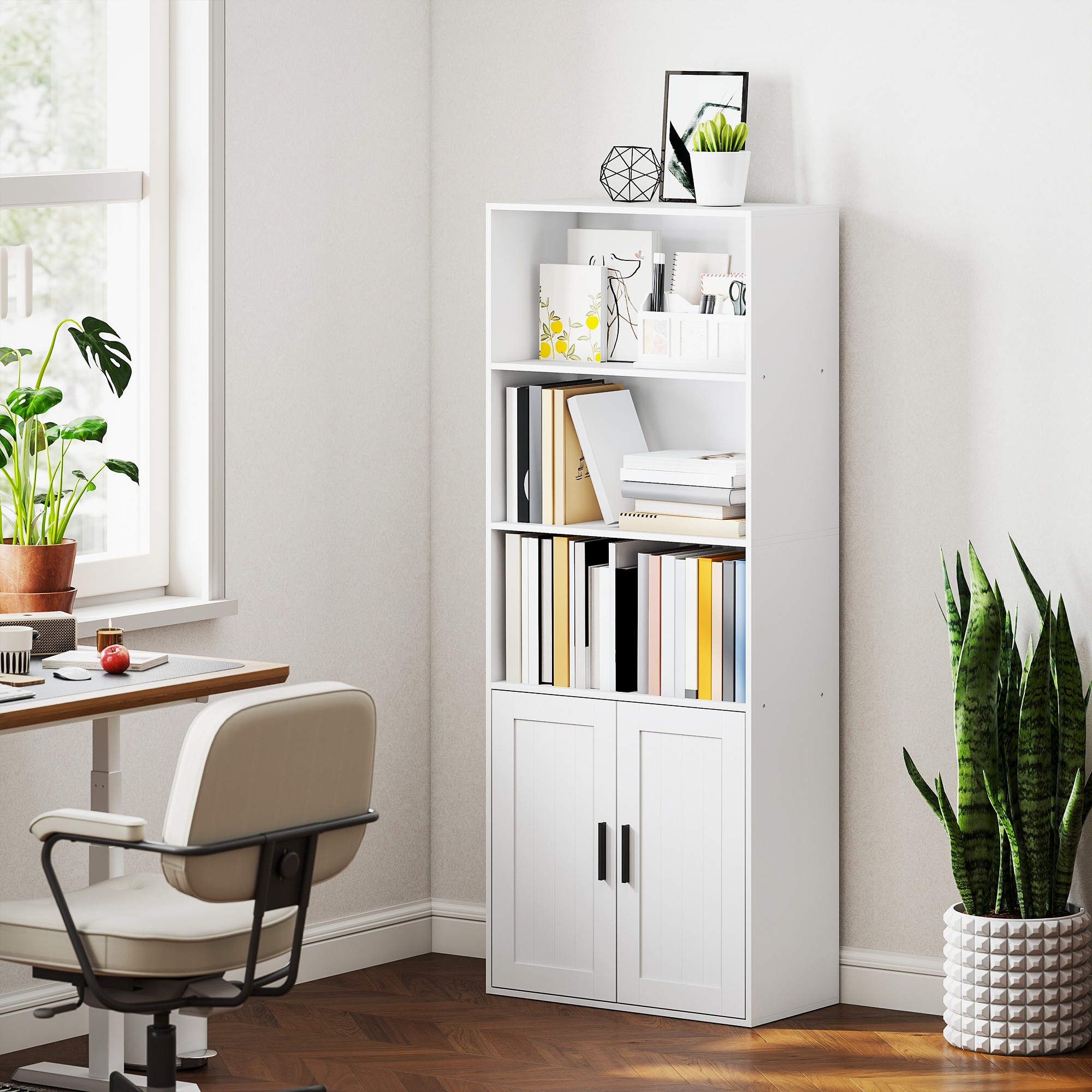 HOMCOM Bücherregal mit 5 Regalen, Schrank mit 2 Türen, offenen Regalen und günstig online kaufen