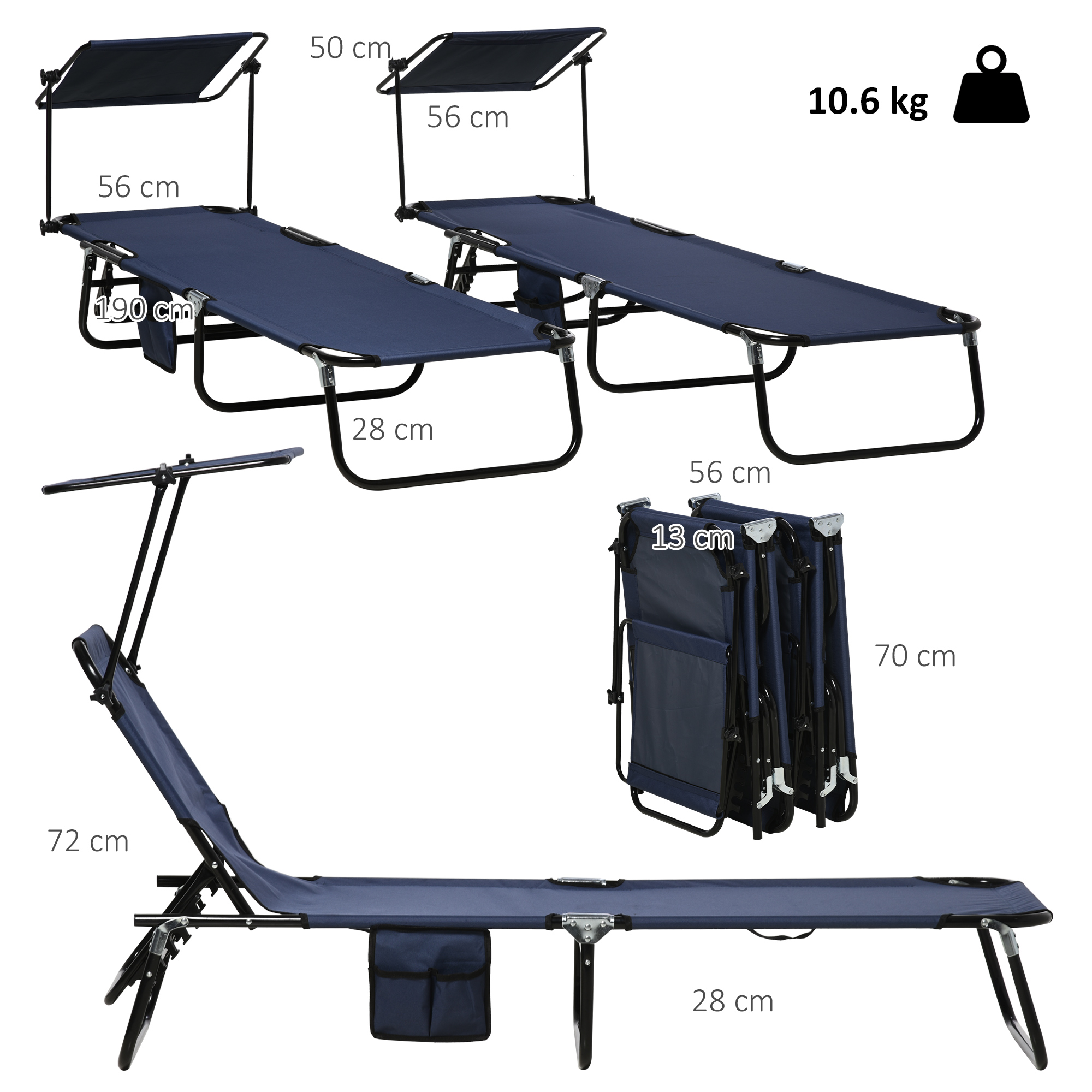 Outsunny Set of Two Folding Sun Loungers, with Adjustable Backs and Sun Canopies Dark Blue 3