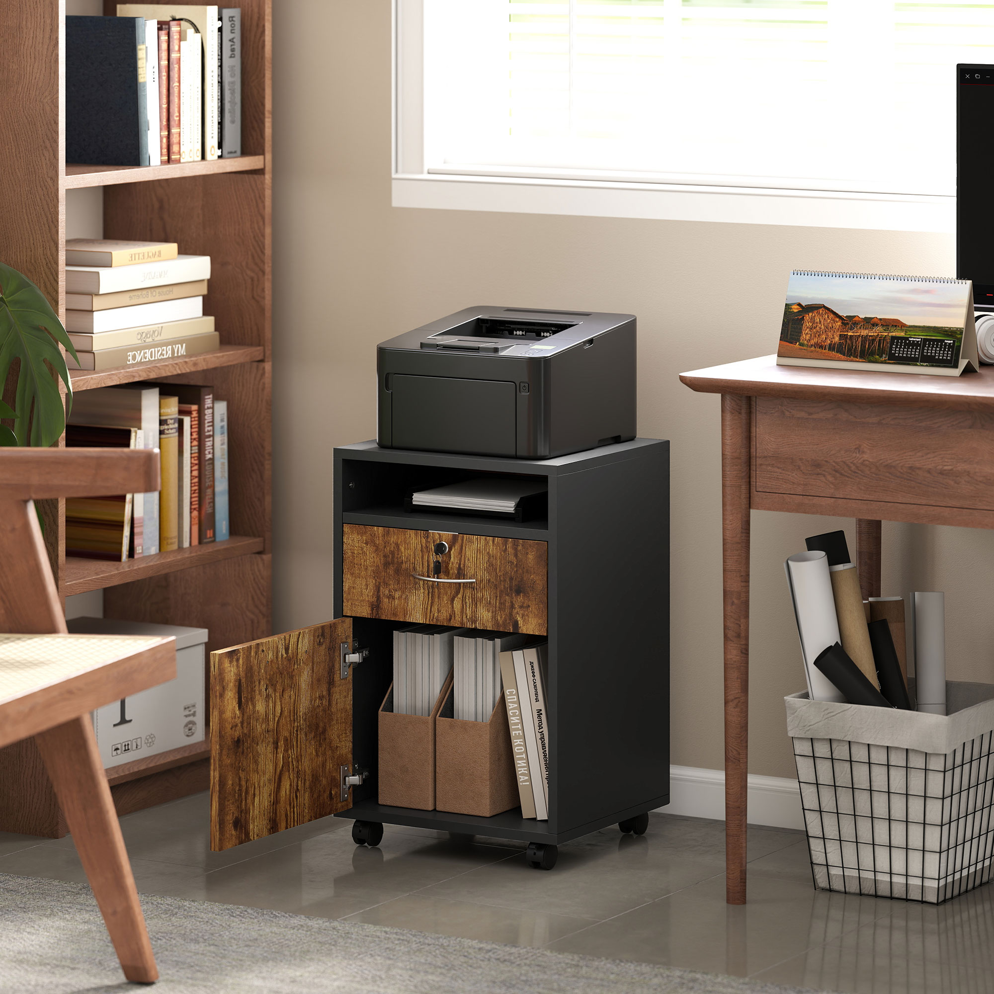 HOMCOM Büroschrank mit Schublade, Bremsrollen und offenes Regal, Bürokommod günstig online kaufen