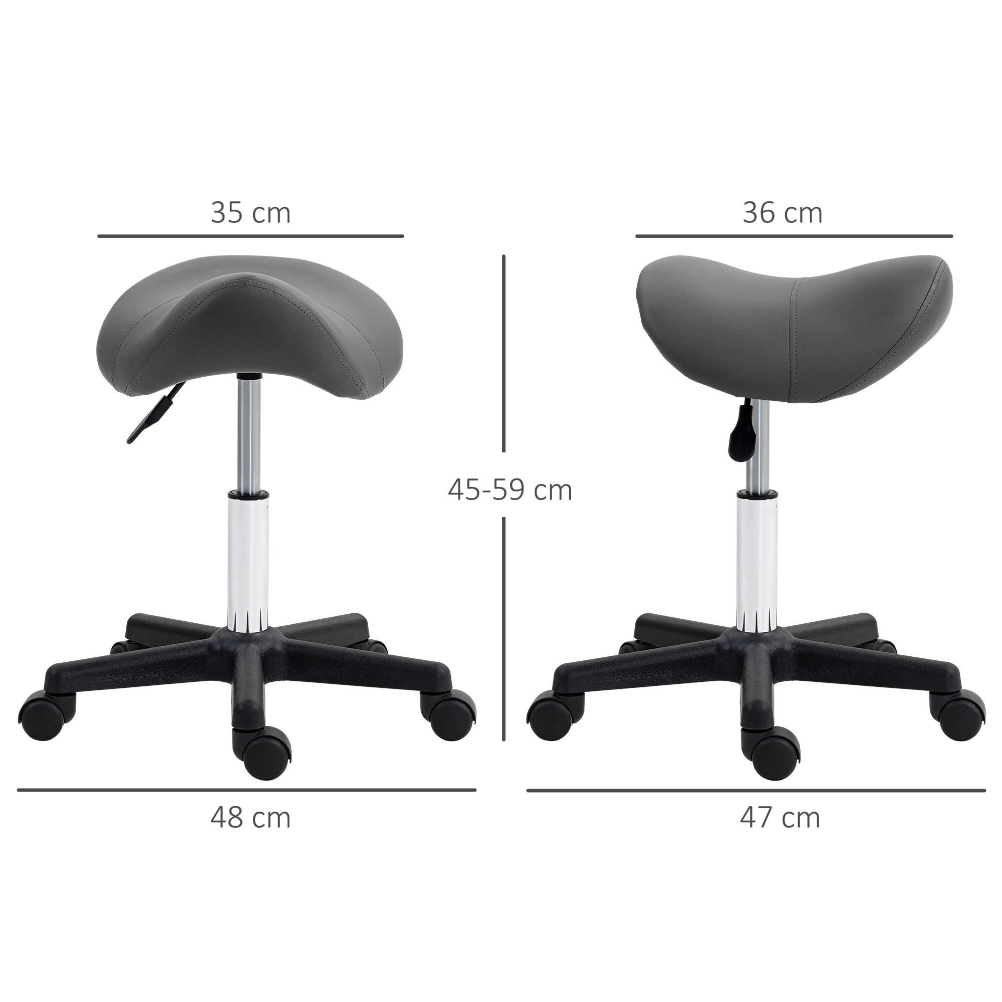 HOMCOM Saddle Stool, PU Leather Adjustable Rolling Salon Chair with Steel Frame for Massage, Spa, Beauty and Tattoo, Grey 3