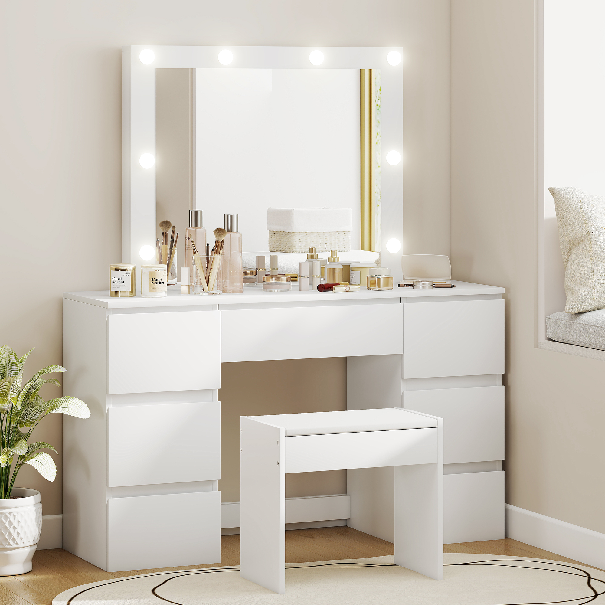 HOMCOM Toilettentisch mit 8 LED-Lichtern, 3 Farben, verstellbare Helligkeit günstig online kaufen