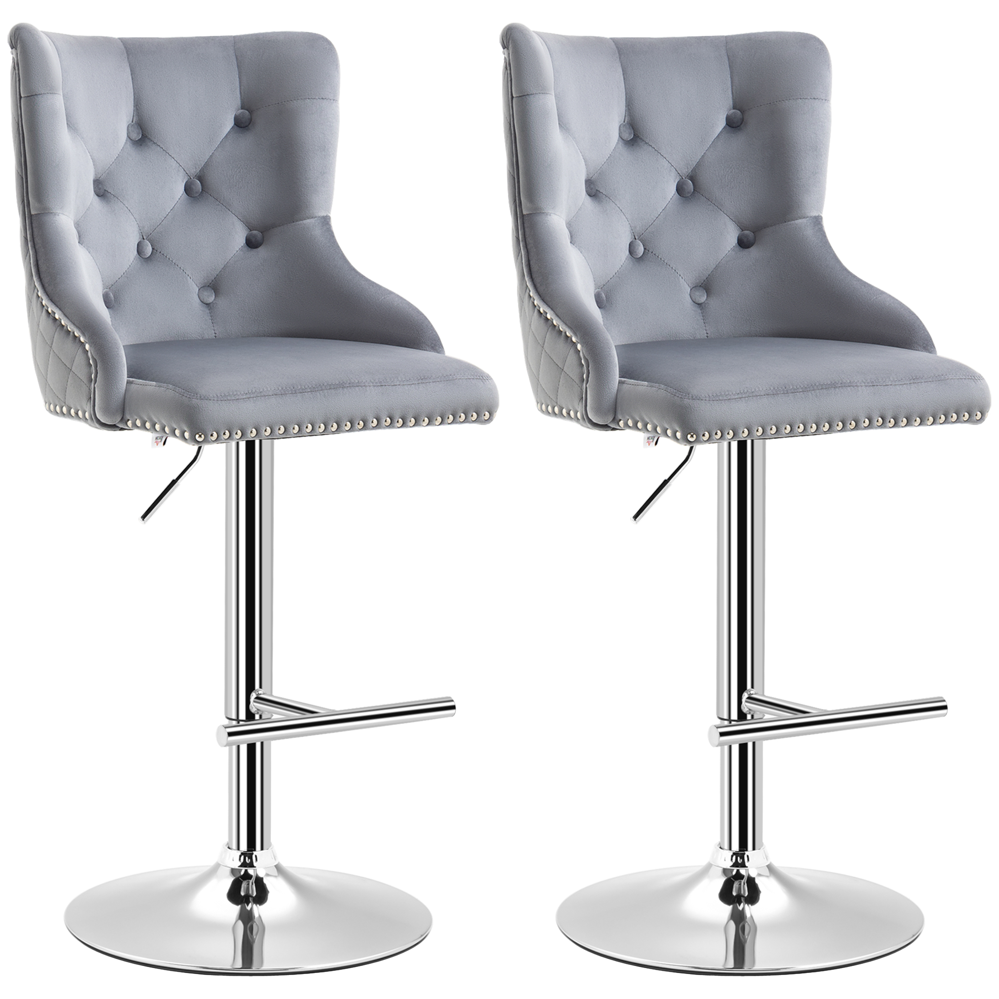 HOMCOM 2er Set Barhocker Barstühle Drehstühle mit Fußstütze, höhenverstellbare Wohnzimmerstühle mit Samt-Optik, für Bartheke, Küche, Hellgrau, 46 x 55 x 102-123 cm Aosom