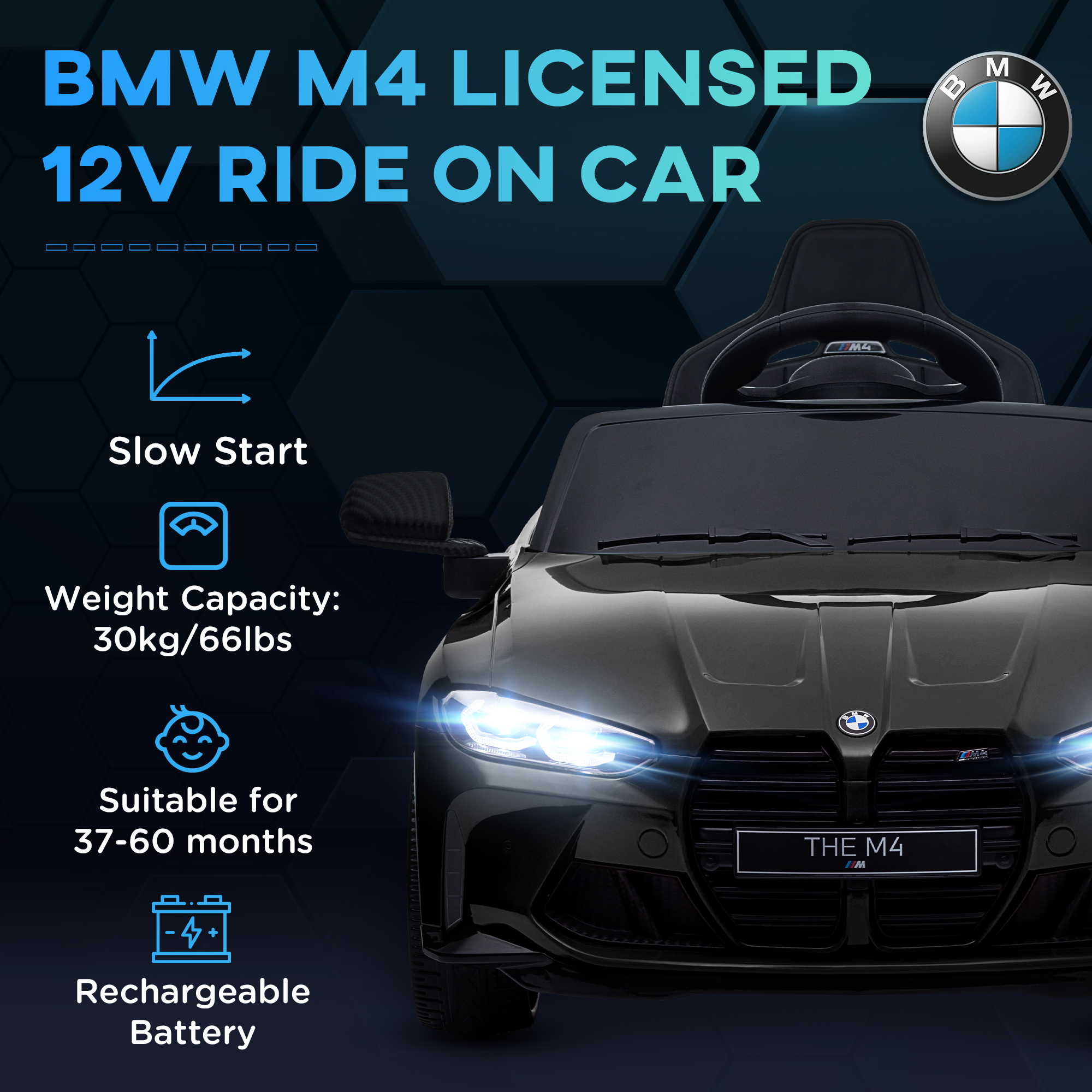 AIYAPLAY 12V BMW Licensed Kids Car, with Easy Transport, Remote Control, Suspension, Music, Horn, LED Lights, Black 4