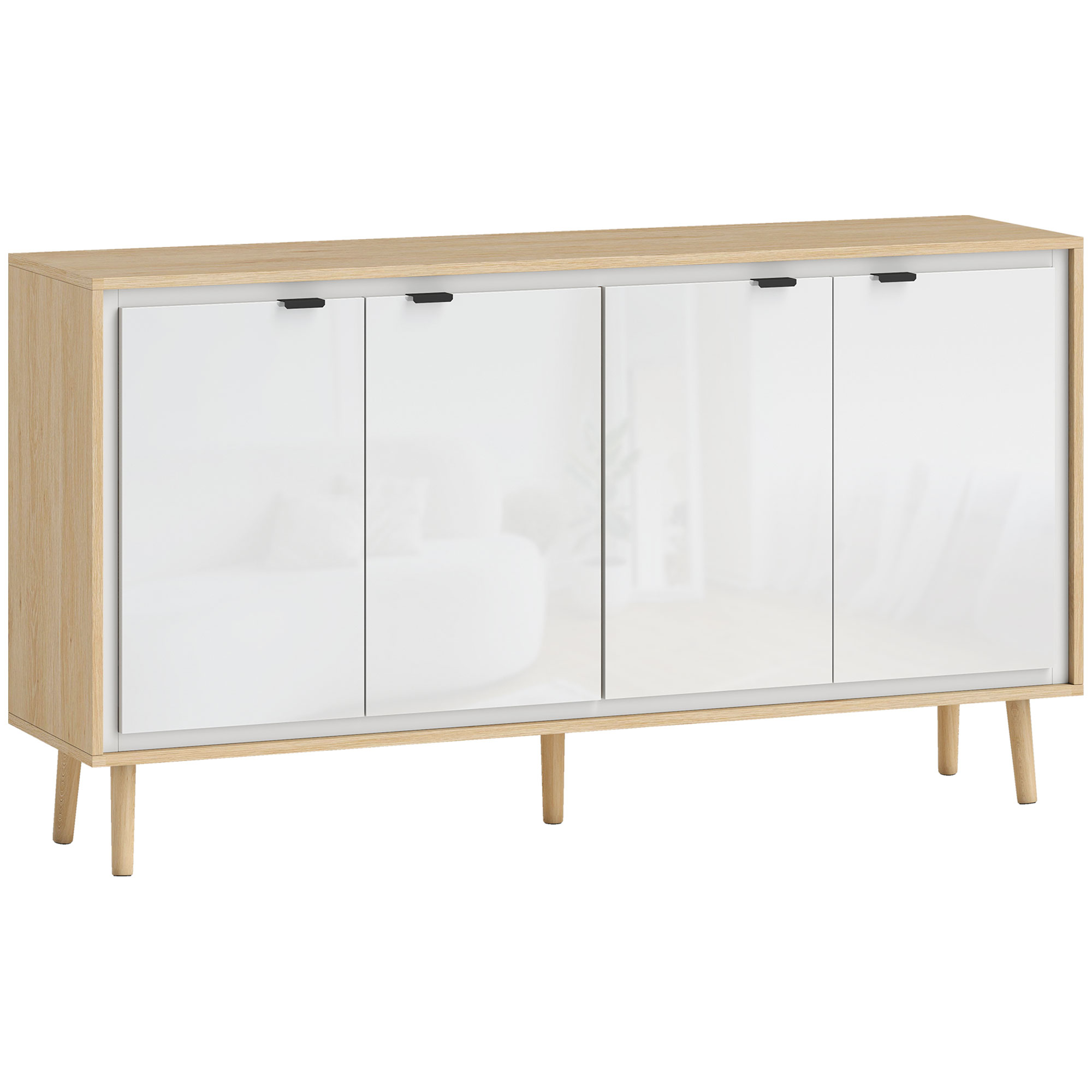 HOMCOM Küchenschrank mit 4 Türen, Moderner Küchenmöbel mit Verstellbarem Regal und Holzfüßen, Sideboard für Wohnzimmer, Esszimmer und Wohnzimmer, 141x35x77 cm, Hochglanzweiß und Eiche   Aosom – HOMCOM
