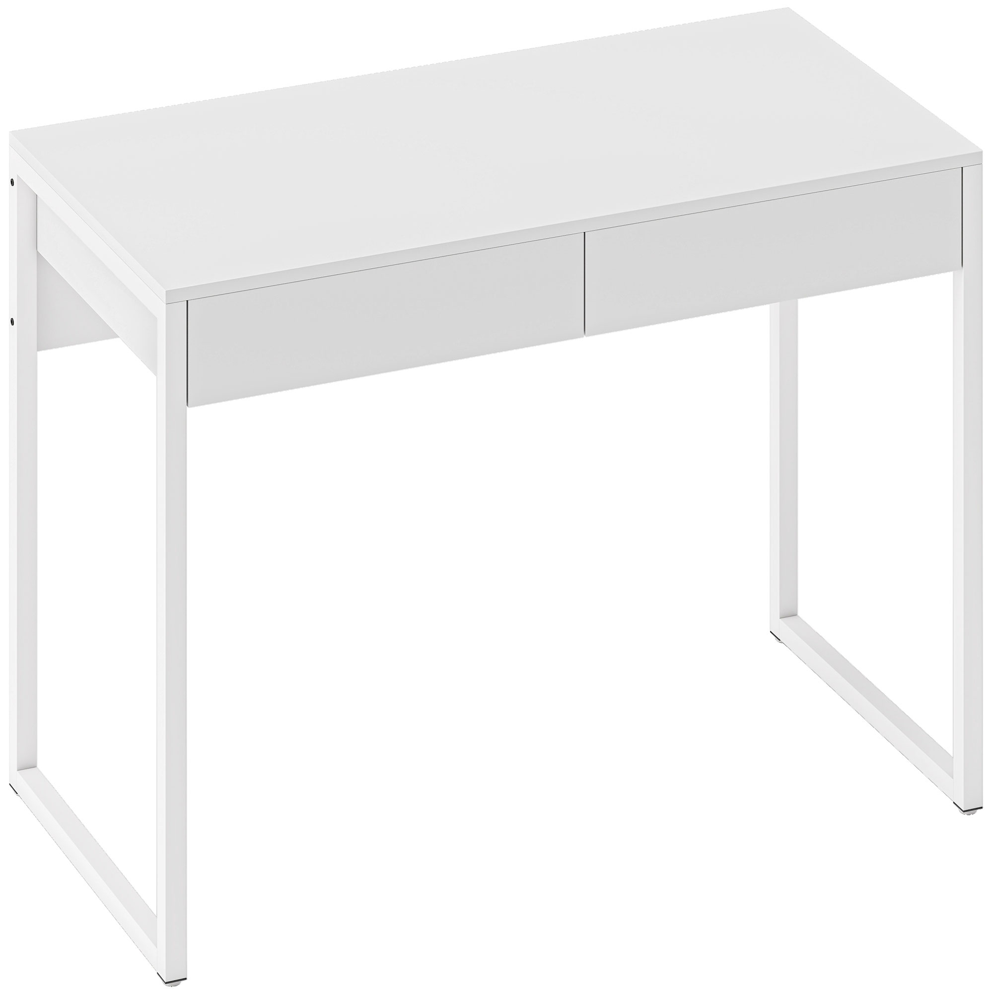HOMCOM Escritorio con 2 cajones, mesa de ordenador 100 x 50 cm, escritorio moderno con patas de acero, para espacios pequeños, blanco brillante
