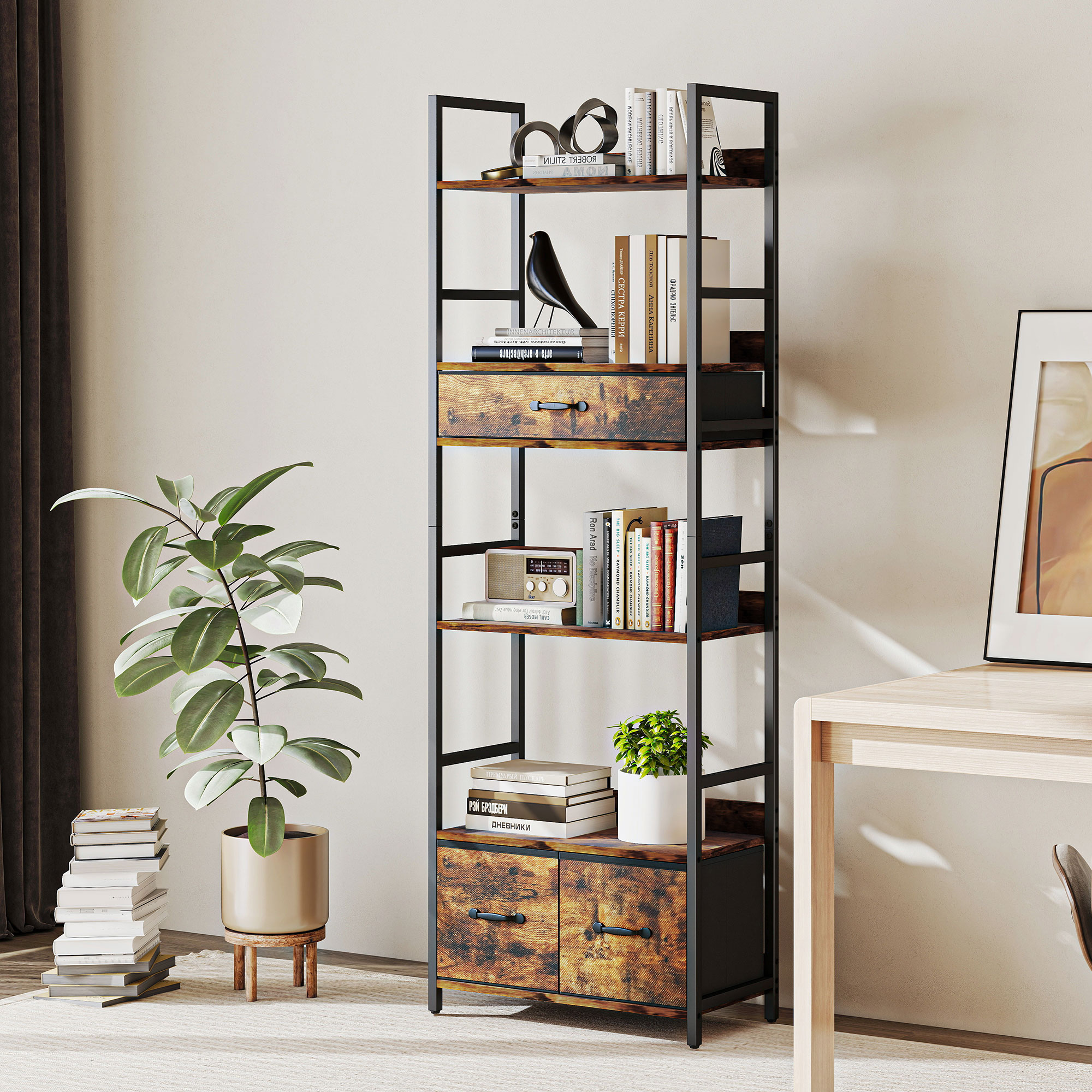 HOMCOM Bücherregal Regal mit 6 Ebenen, 4 Regalen, 3 faltbaren Stoffschublad günstig online kaufen
