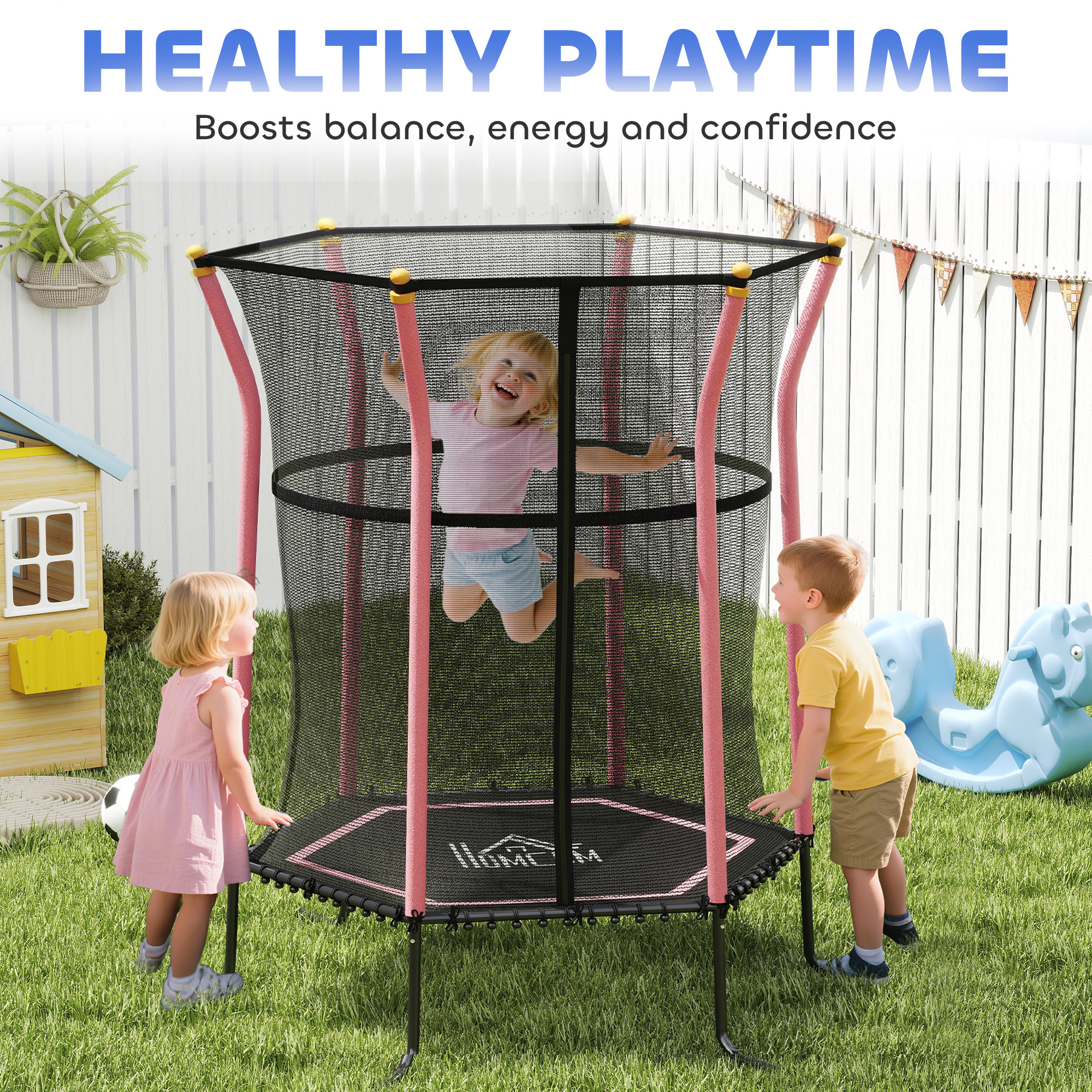 HOMCOM Kids Trampoline Mini Bouncer with Enclosure Safety Net For Ages 3-10 Years Pink 8