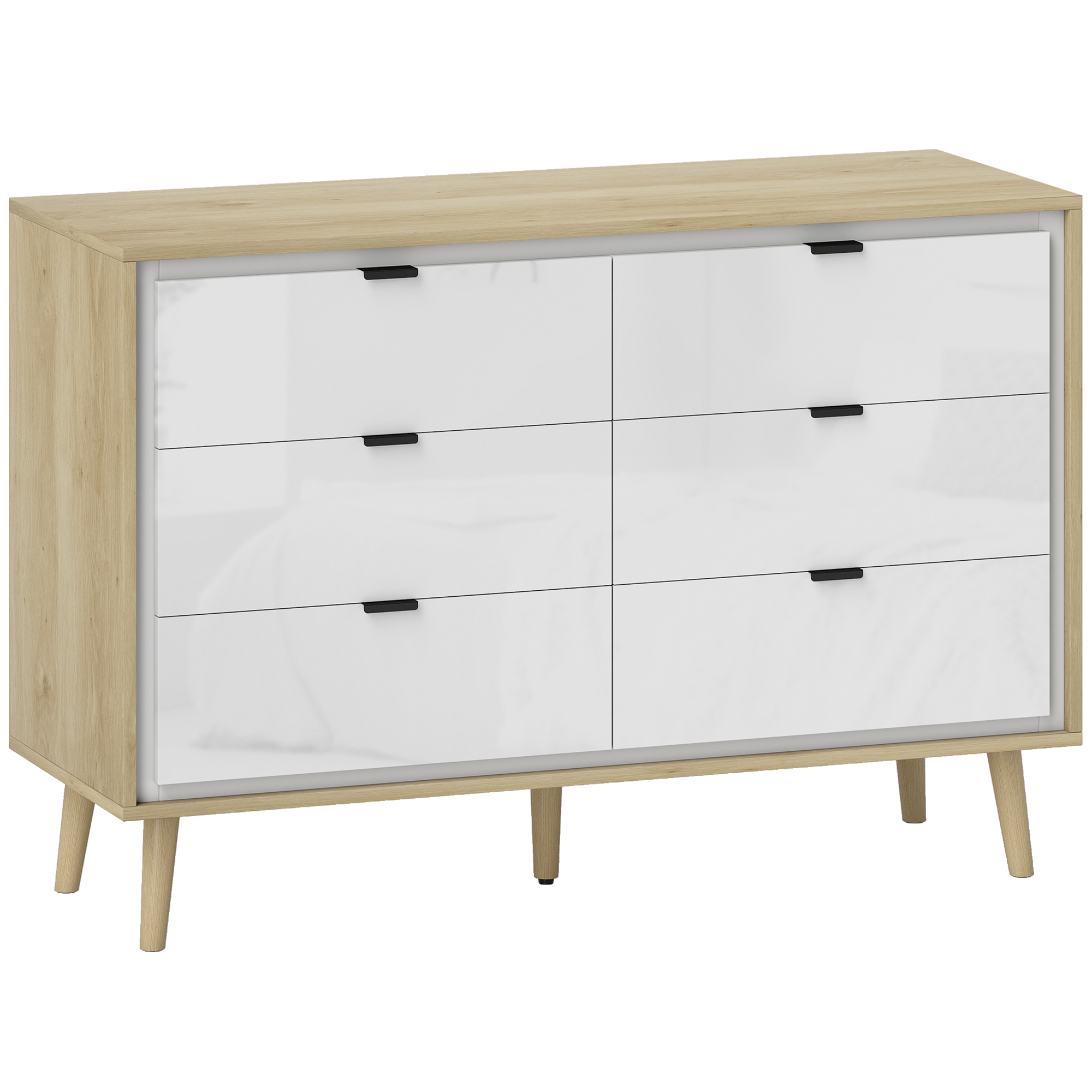 HOMCOM Kommode Schlafzimmer 6 Schubladen, Kommode Schlafzimmer mit 5 Holzbeinen und Griff, Platzsparende Kommode für Eingang, Wohnzimmer und Flur, 110x40x75 cm, Glänzendes Weiß und Eiche   Aosom – HOMCOM