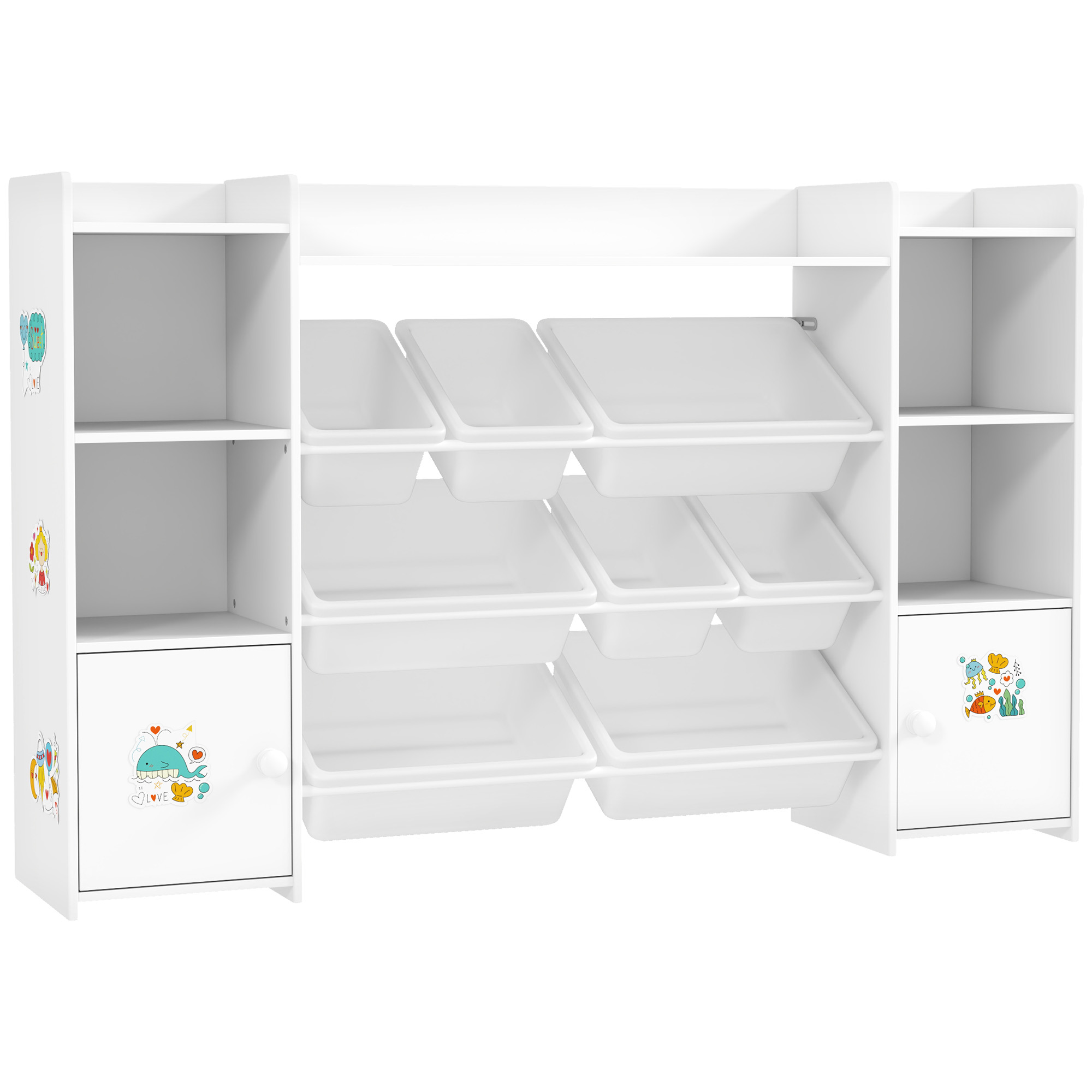 AIYAPLAY Mueble de almacenamiento infantil, estantería de almacenamiento para juguetes infantiles con 8 contenedores extraíbles, 140 x 30 x 90 cm, blanco