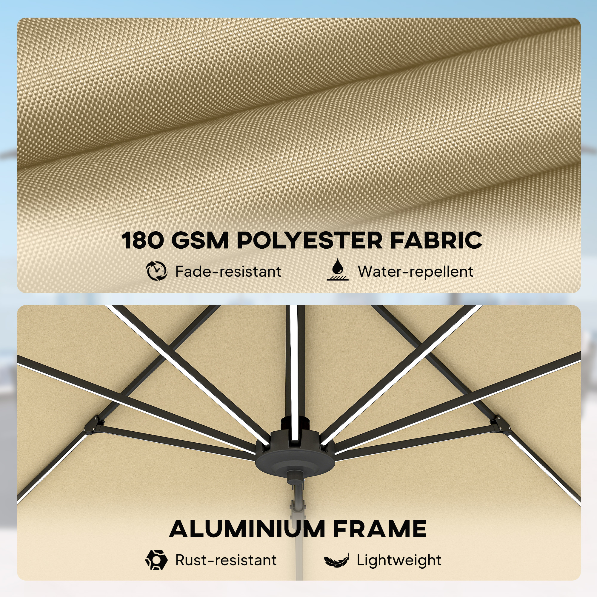 Outsunny 3(m) Adjustable Cantilever Parasol with Base, Solar LED Lights, Khaki 6