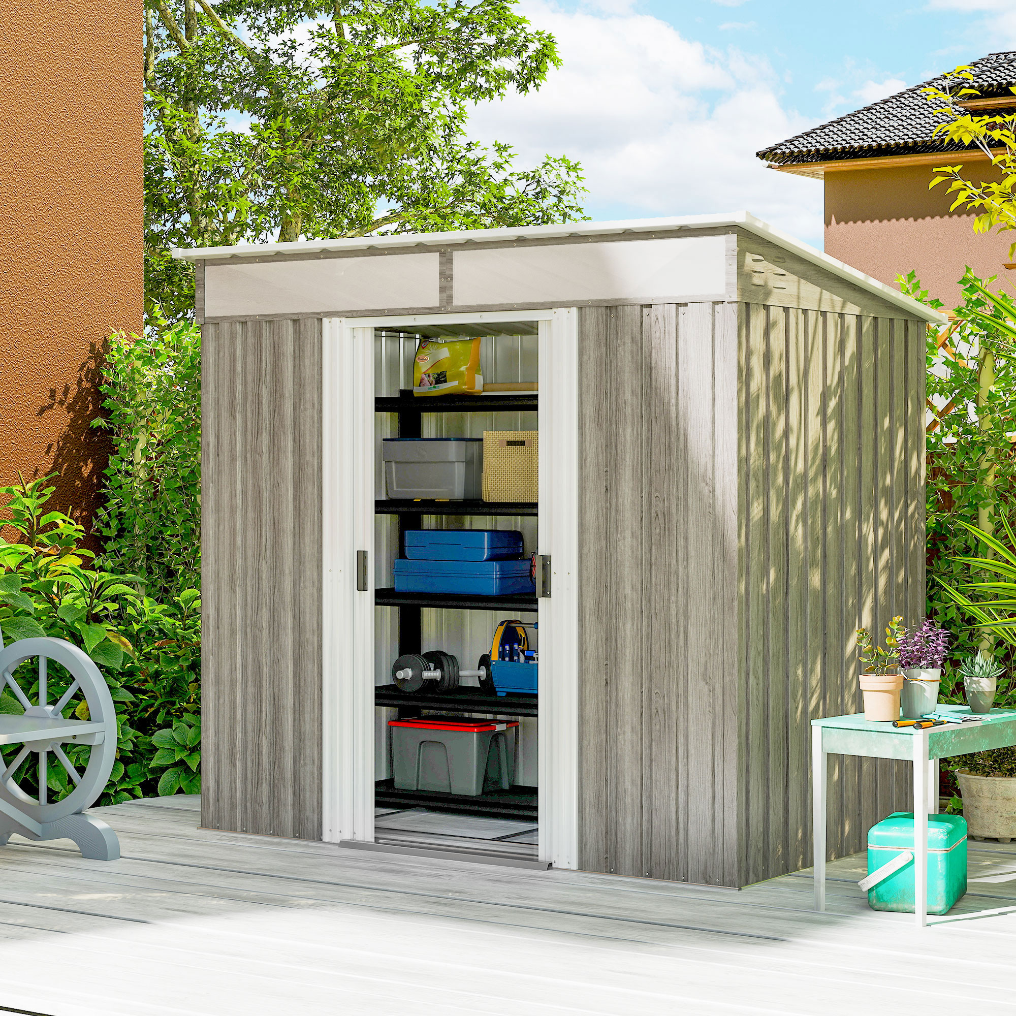 Outsunny 6.5 x 4FT Galvanised Metal Shed with Foundation Kit, Lockable Tool Garden Shed with Double Sliding Doors, Vents, Light Grey Wood Effect 2