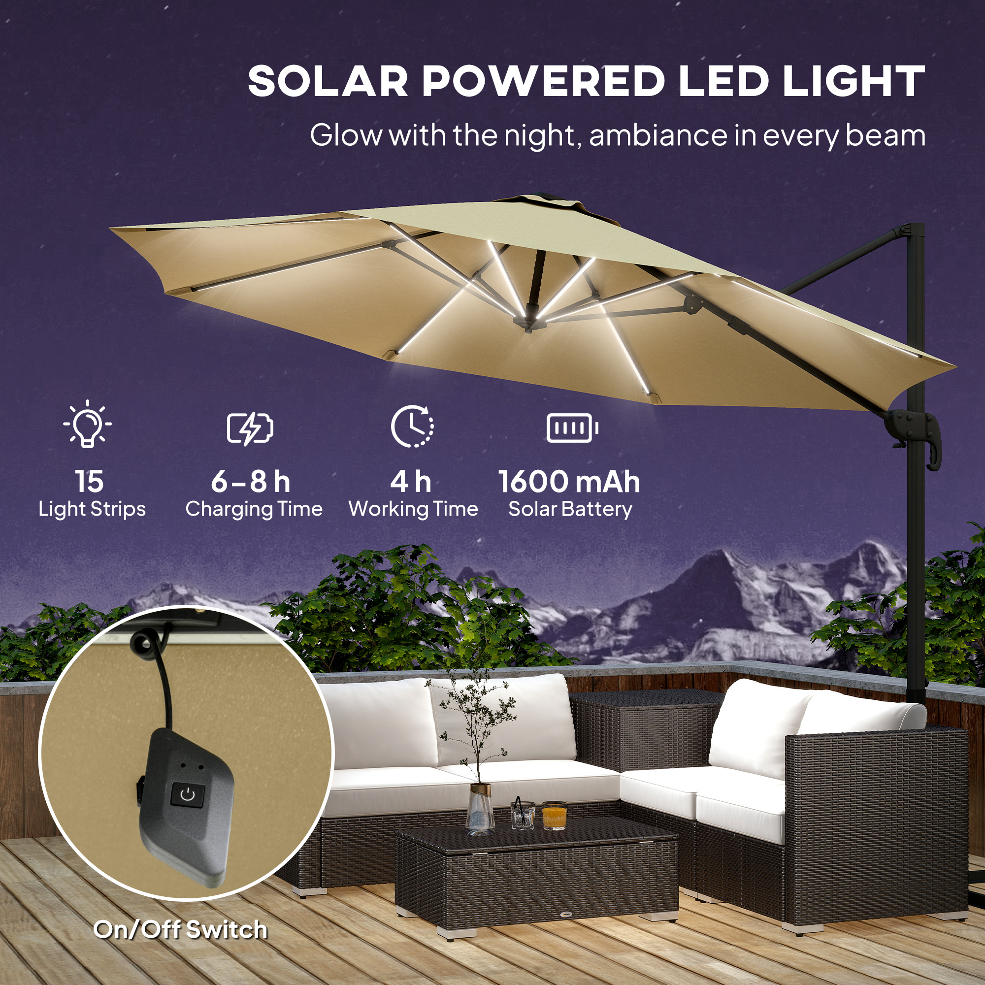 Outsunny 3(m) Adjustable Cantilever Parasol with Base, Solar LED Lights, Khaki 4