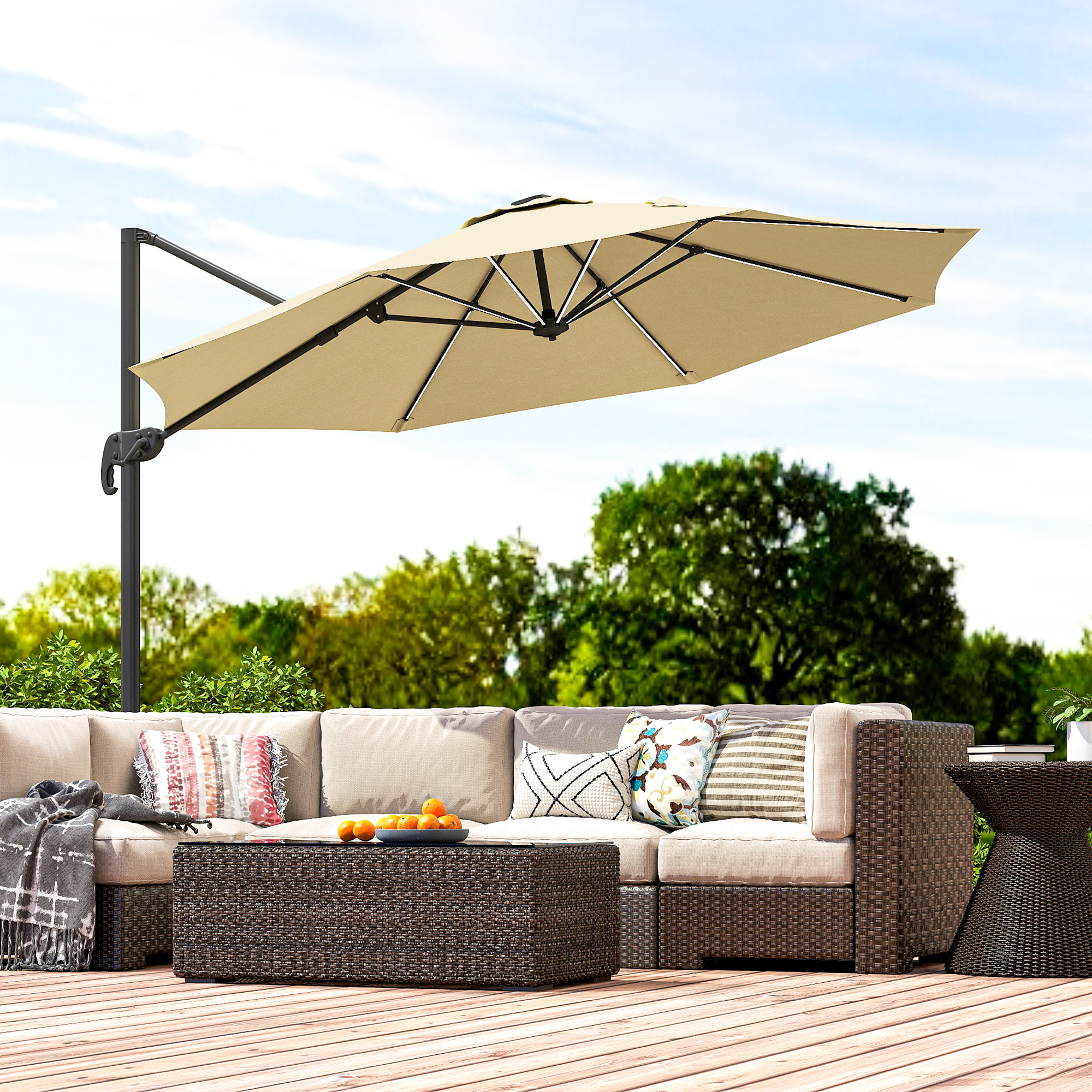 Outsunny 3(m) Adjustable Cantilever Parasol with Base, Solar LED Lights, Khaki 9