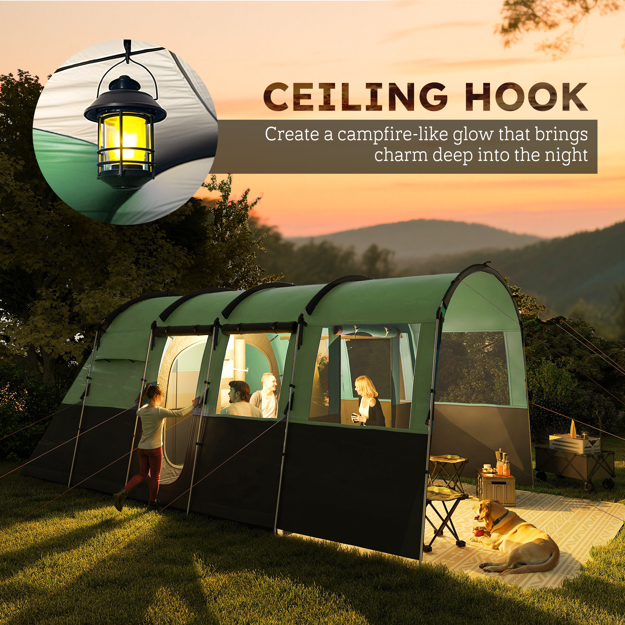 Outsunny 4-Person Camping Tent, Waterproof Family Tent, Tunnel Design, 4 Large Windows, Sleeping Cabins 3000mm Water Column Green 9