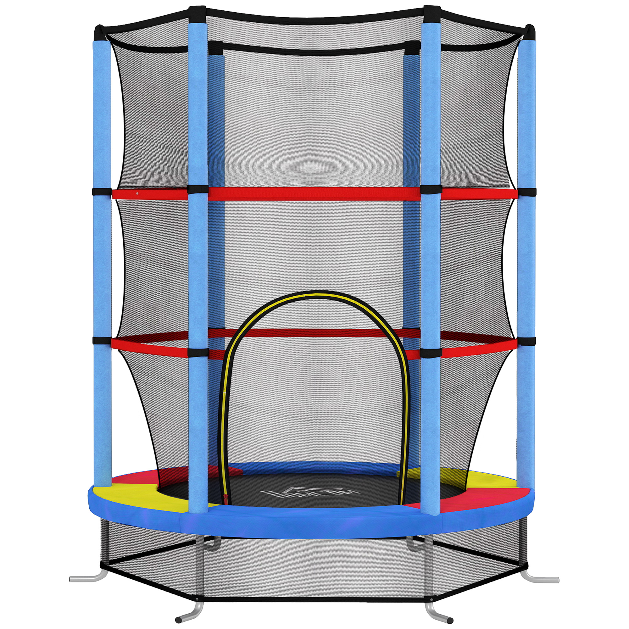 HOMCOM Saltea Elastică pentru Copii 3-6 Ani cu Plasă de Protecție, 6 Stâlpi și 3 Intrări, Ø140x190 cm, Multicolor | Aosom Romania
