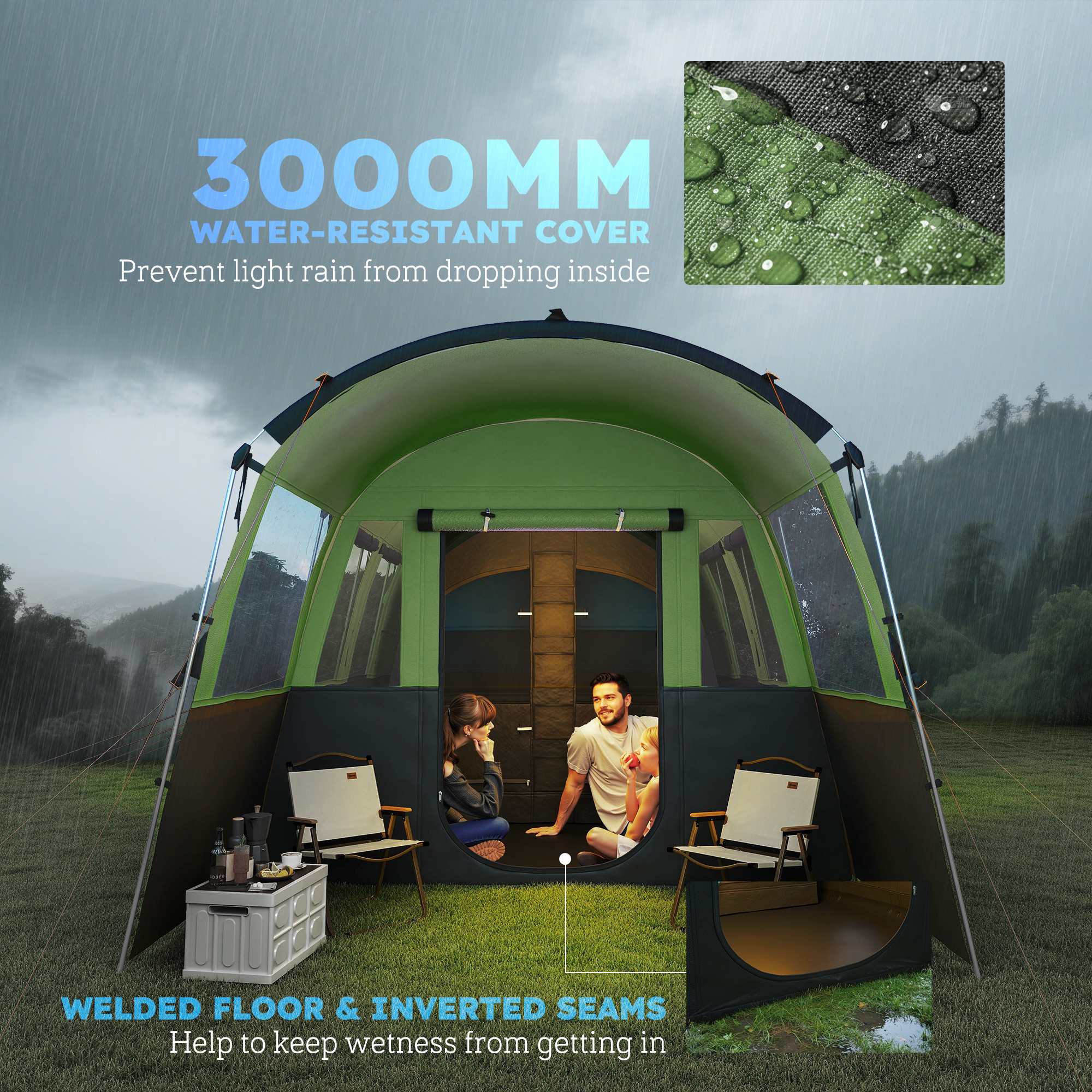 Outsunny 4-Person Camping Tent, Waterproof Family Tent, Tunnel Design, 4 Large Windows, Sleeping Cabins 3000mm Water Column Green 8