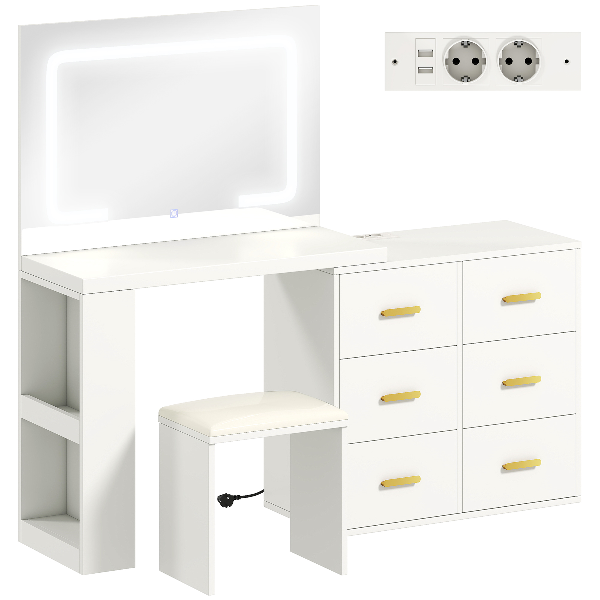 HOMCOM Coqueta con espejo y taburete, mesa de maquillaje con iluminación LED ajustable, 6 cajones, 118 x 78 x 135 cm, blanco