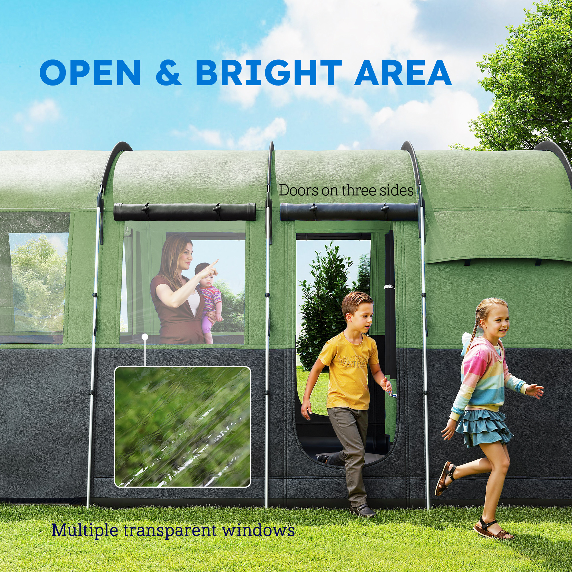 Outsunny 4-Person Camping Tent, Waterproof Family Tent, Tunnel Design, 4 Large Windows, Sleeping Cabins 3000mm Water Column Green 6