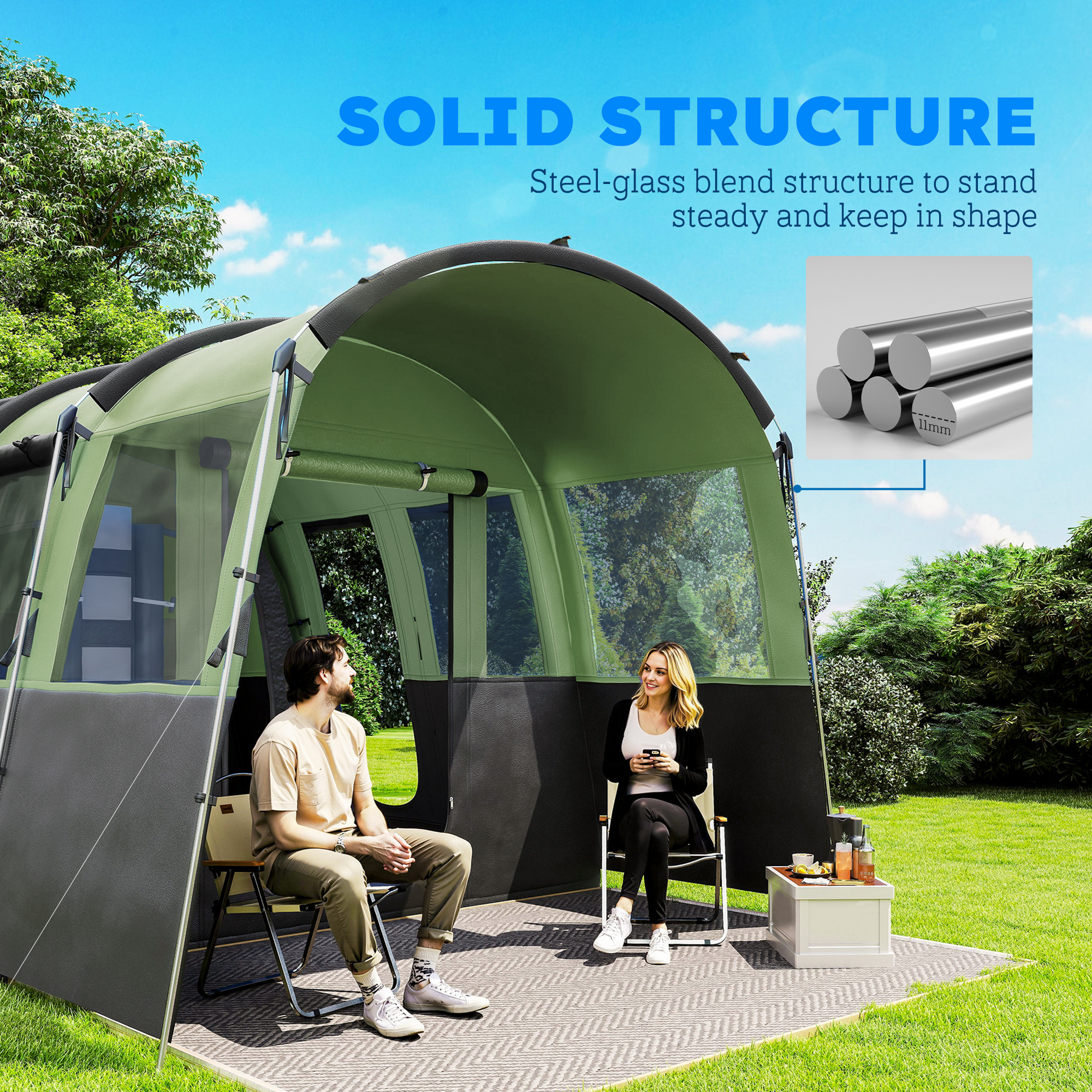 Outsunny 4-Person Camping Tent, Waterproof Family Tent, Tunnel Design, 4 Large Windows, Sleeping Cabins 3000mm Water Column Green 7