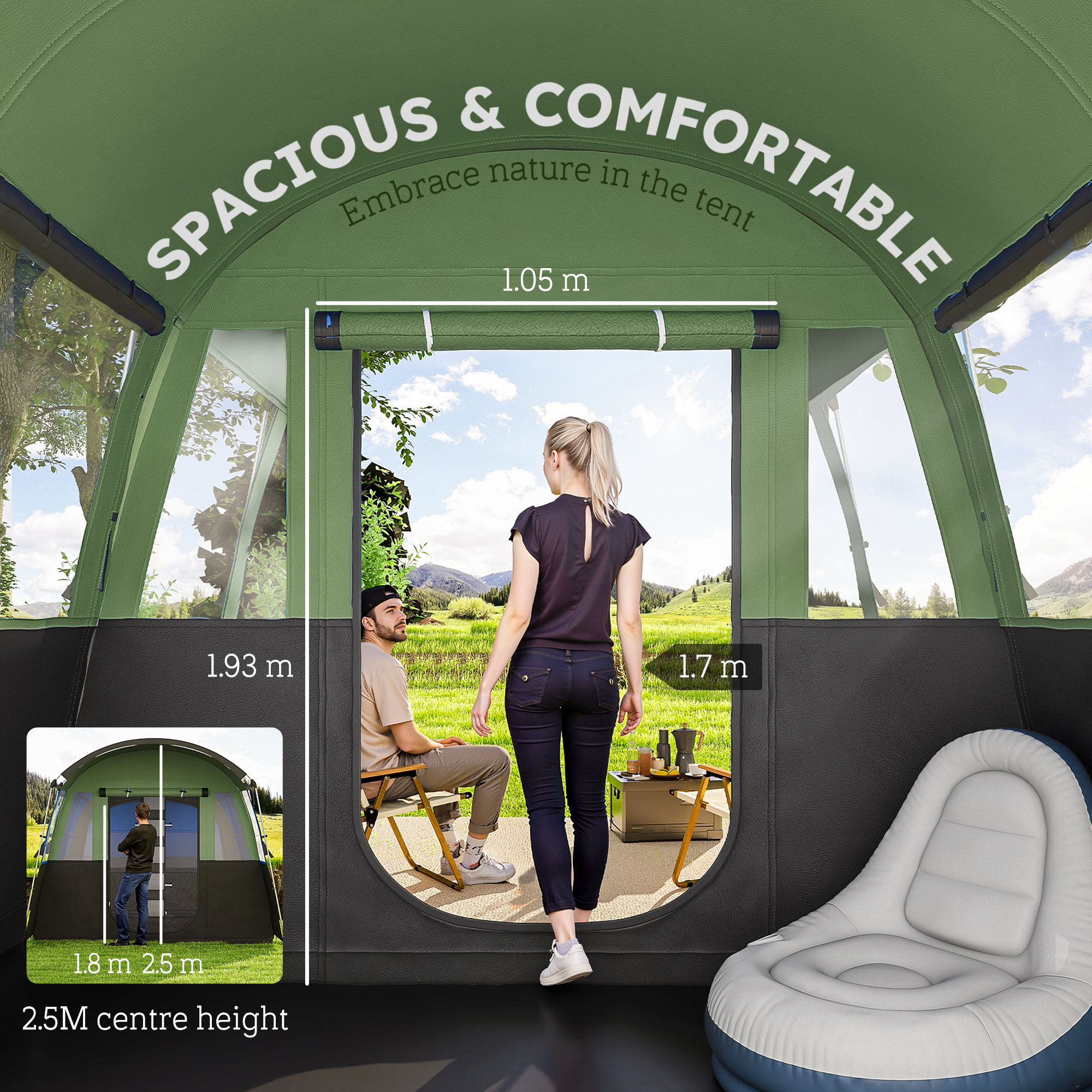 Outsunny 4-Person Camping Tent, Waterproof Family Tent, Tunnel Design, 4 Large Windows, Sleeping Cabins 3000mm Water Column Green 5