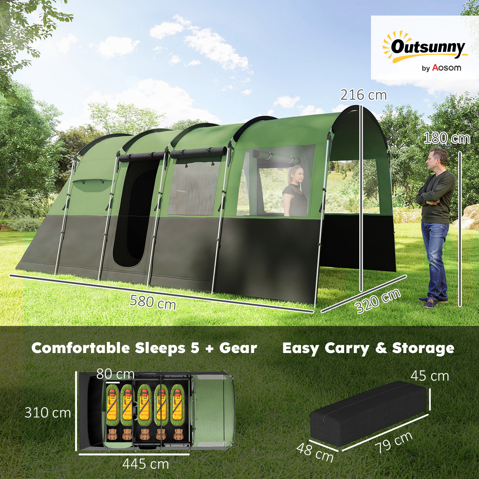 Outsunny 4-Person Camping Tent, Waterproof Family Tent, Tunnel Design, 4 Large Windows, Sleeping Cabins 3000mm Water Column Green 3