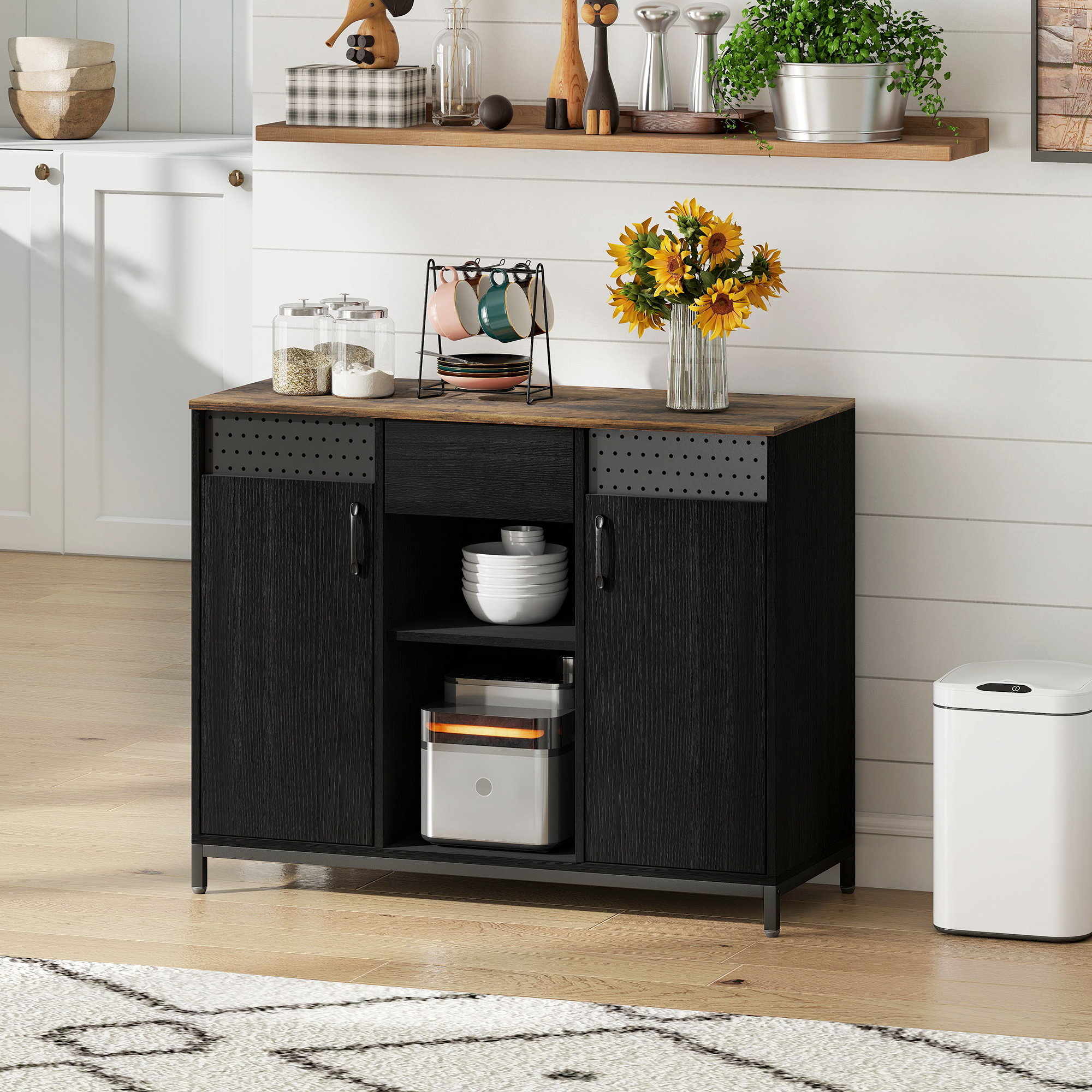 Mobile Credenza Alta Haiorjun 160 Cm Nero, Con Ruote, Ripiani Regolabili, Ante E Fori Per Elettrodomestici