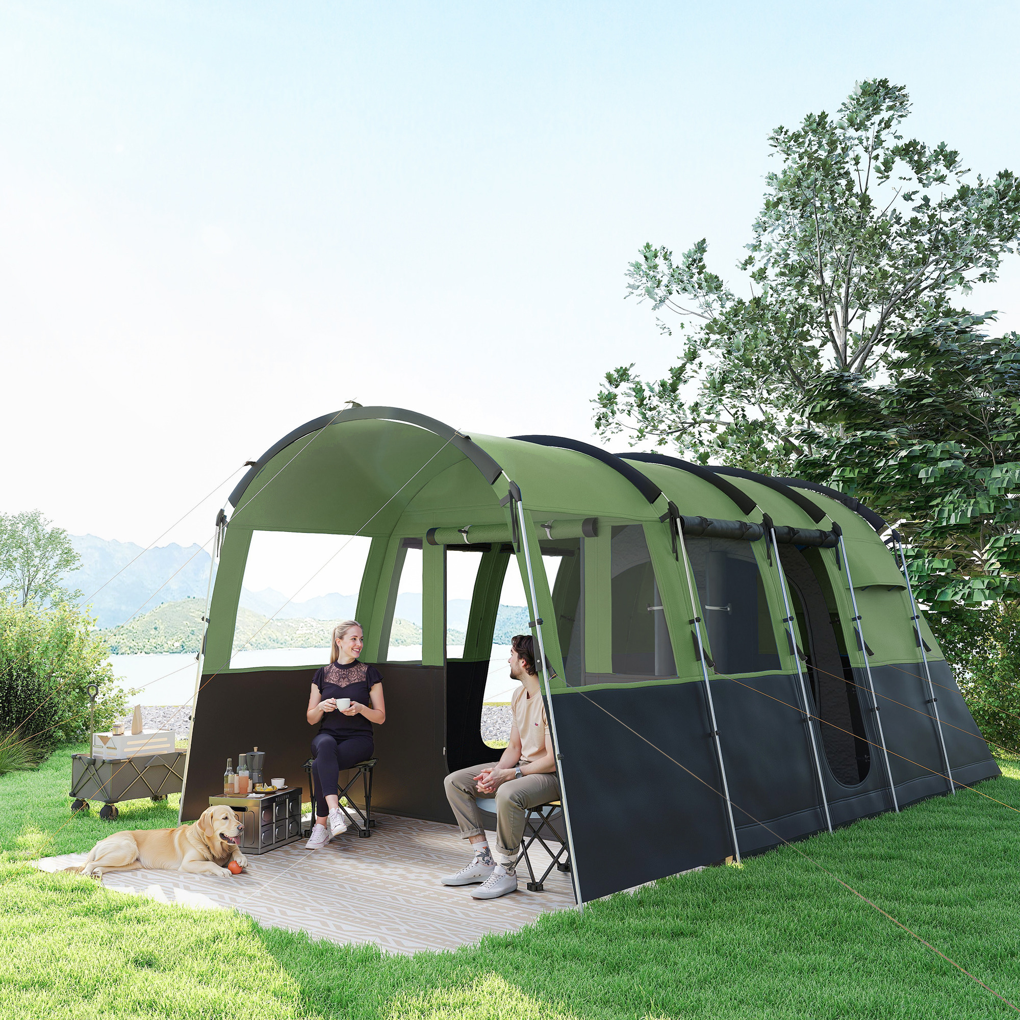 Outsunny 4-Person Camping Tent, Waterproof Family Tent, Tunnel Design, 4 Large Windows, Sleeping Cabins 3000mm Water Column Green 2
