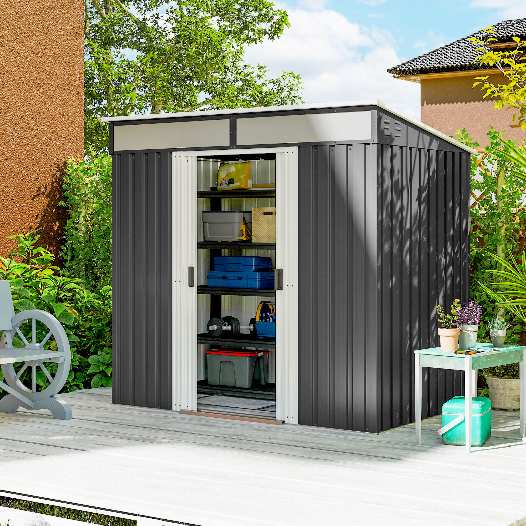 Outsunny 6.5 x 4FT Galvanised Metal Shed with Foundation Kit, Lockable Tool Garden Shed with Double Sliding Doors, Vents, Grey 2