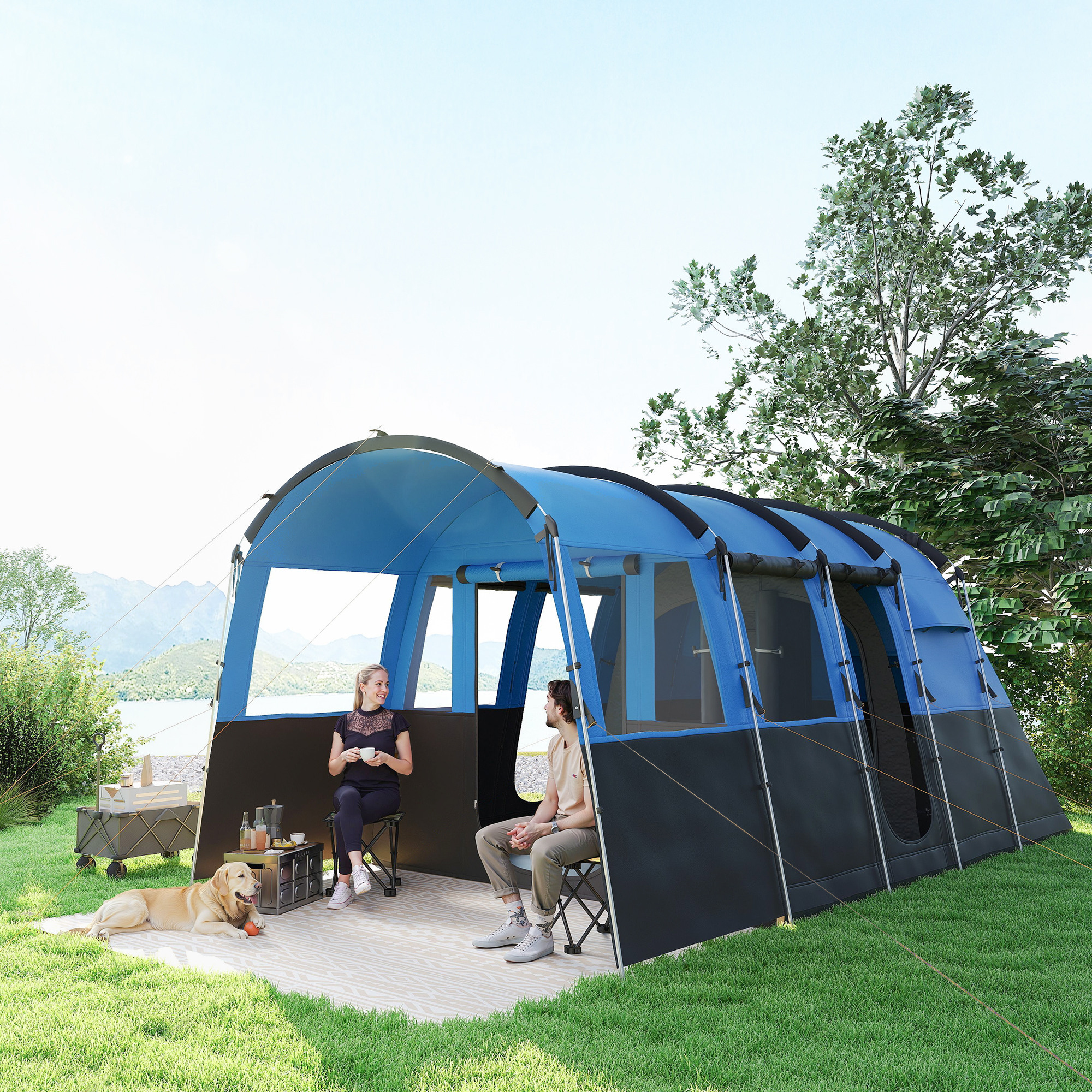 Outsunny 4-Person Camping Tent, Waterproof Family Tent, Tunnel Design, 4 Large Windows, Sleeping Cabins 3000mm Water Column Blue 2