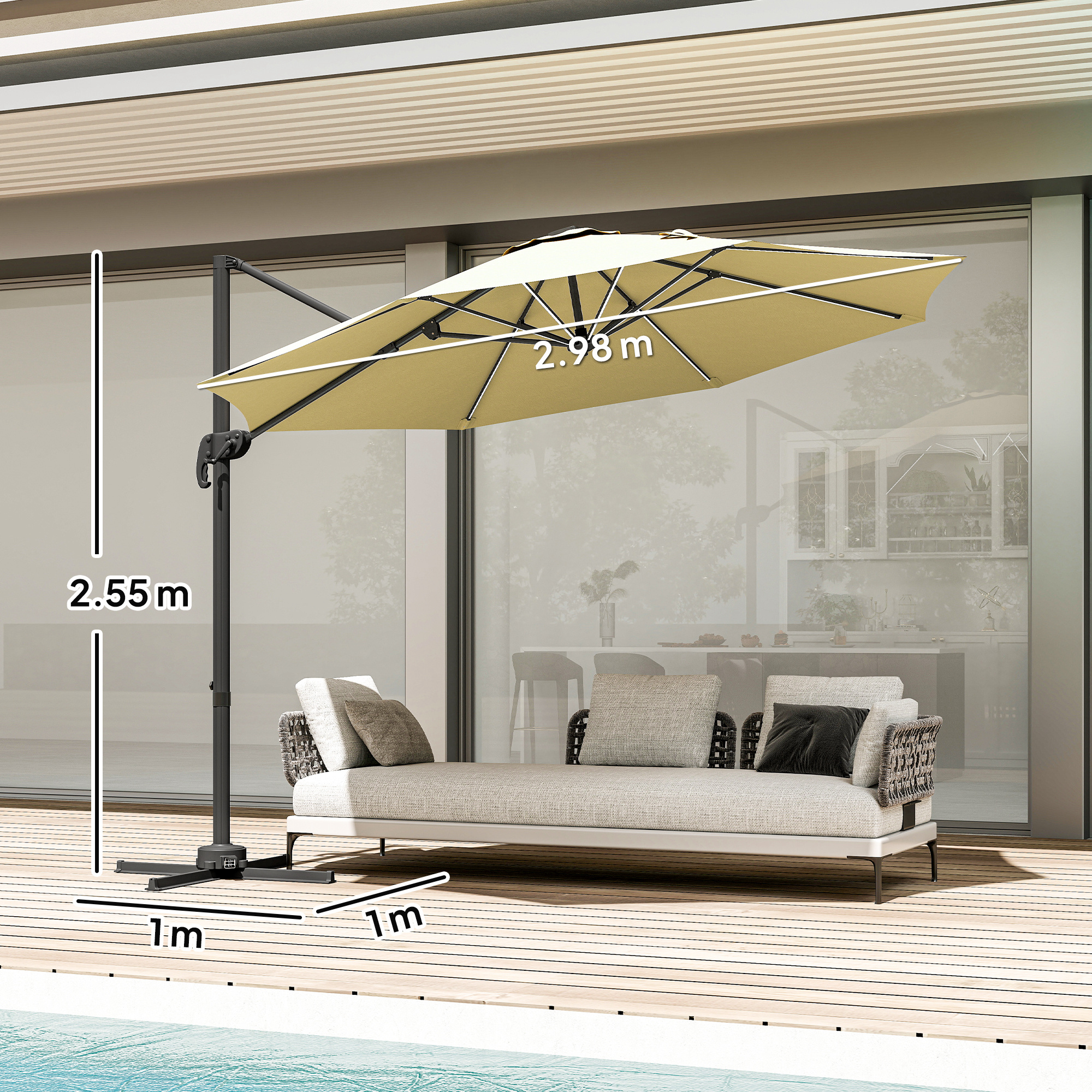 Outsunny 3(m) Adjustable Cantilever Parasol with Base, Solar LED Lights, Khaki 3