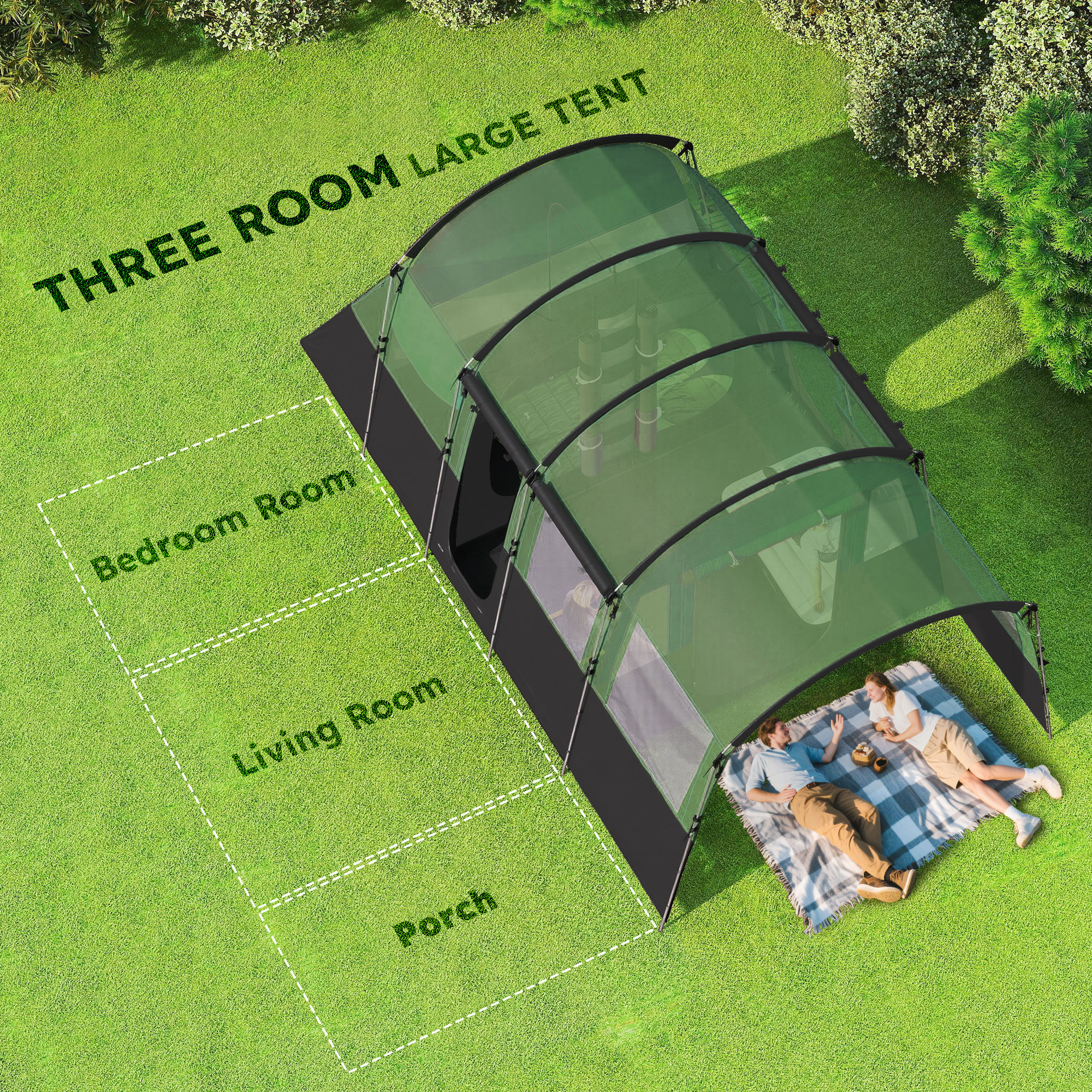 Outsunny 4-Person Camping Tent, Waterproof Family Tent, Tunnel Design, 4 Large Windows, Sleeping Cabins 3000mm Water Column Green 4