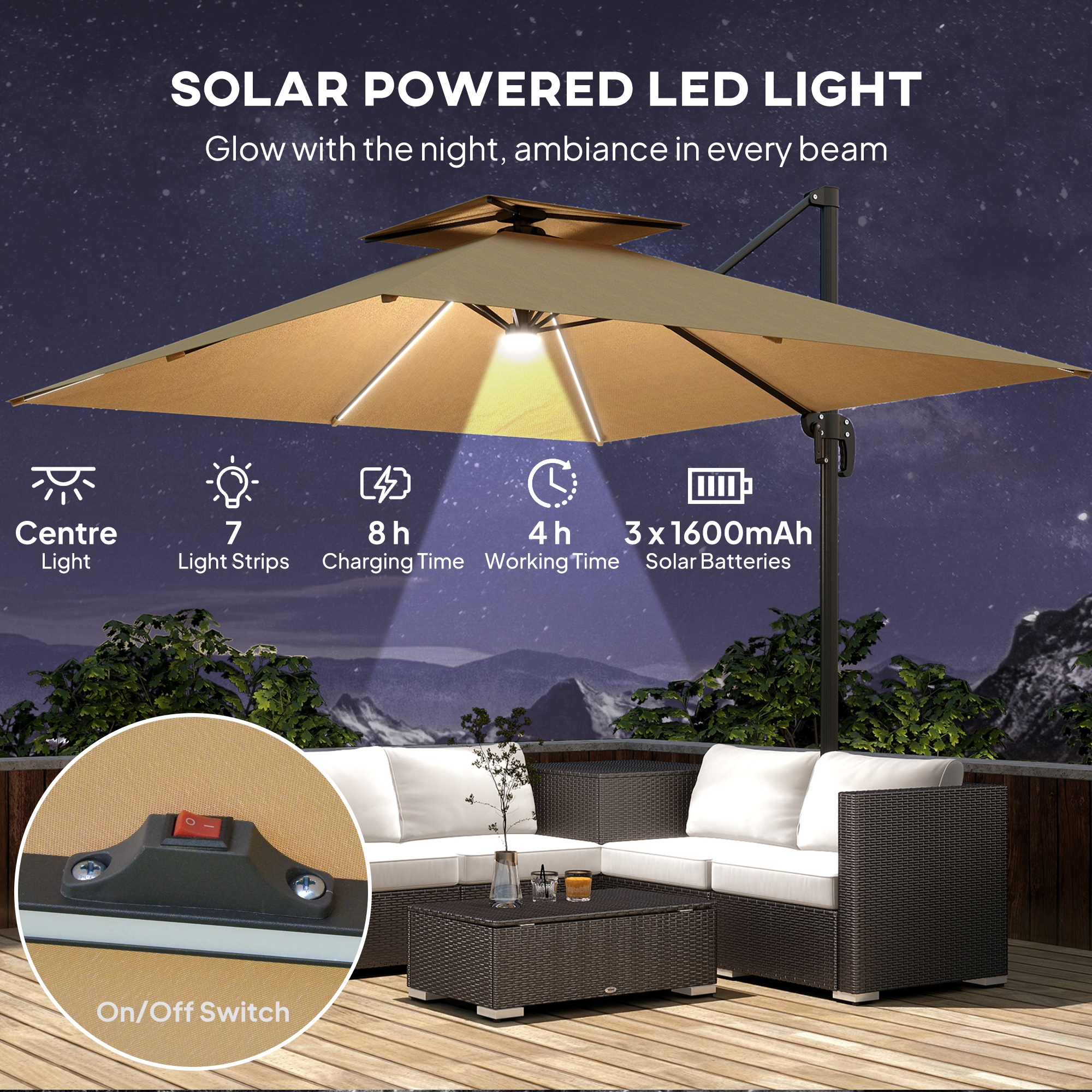 Outsunny 2.5m Cantilever Parasol with Solar Powered LED Lights, 360° Rotation, Tilt Adjustment, Crank Handle, Khaki 4