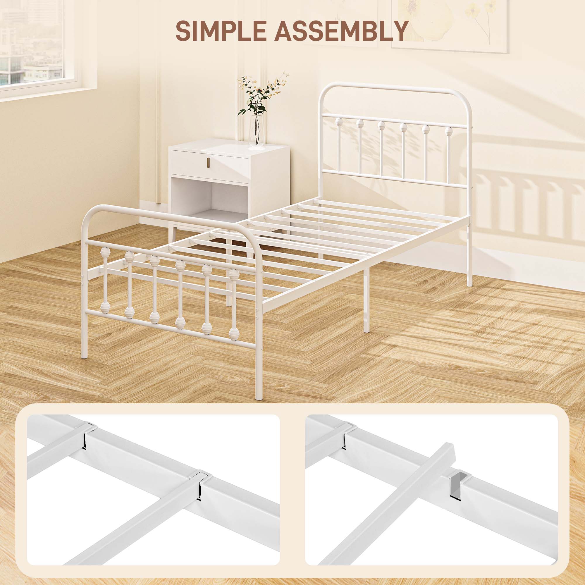 HOMCOM Single Minimalistic Metal Bed Frame White 7