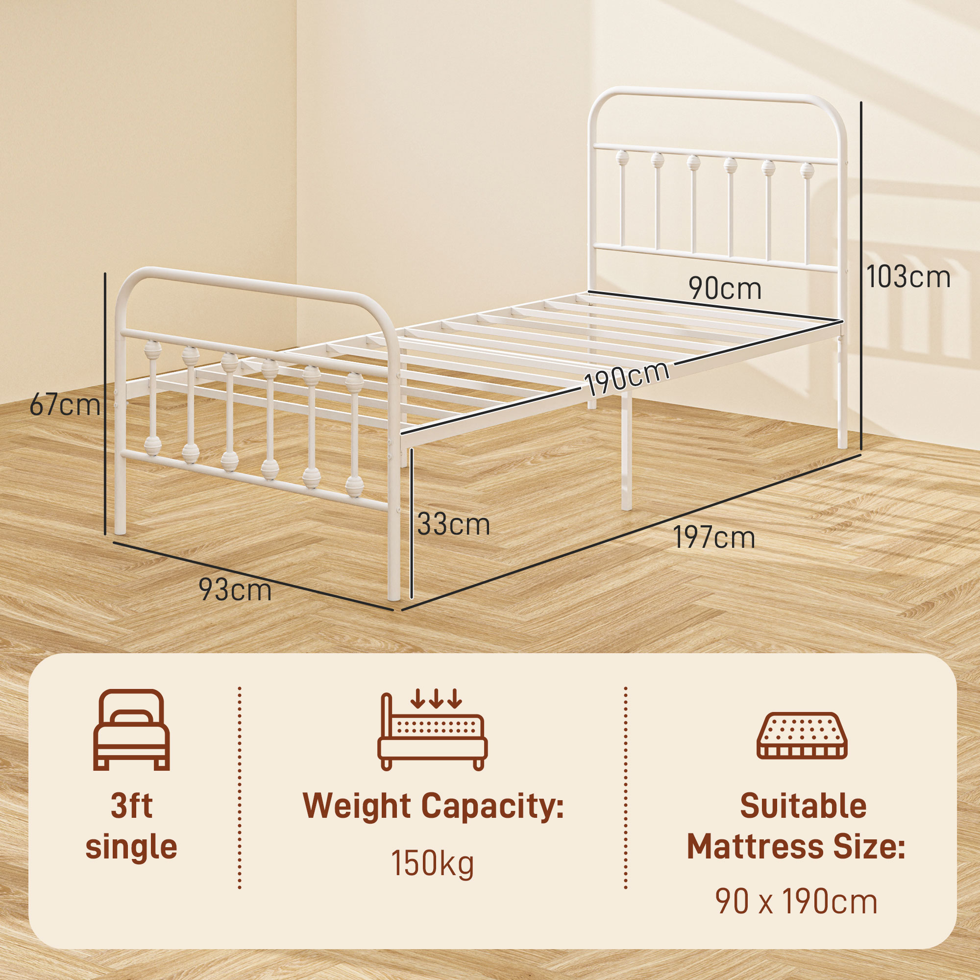HOMCOM Single Minimalistic Metal Bed Frame White 3