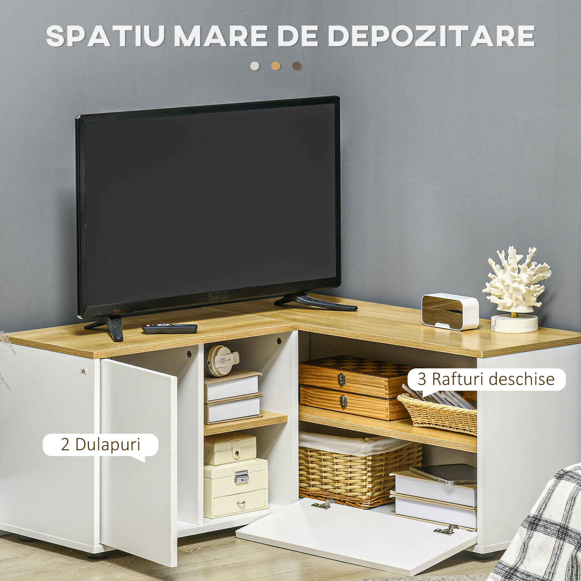  Dulap TV in Forma L - 90×90×45 cm cu Rafturi si Dulapuri [4]