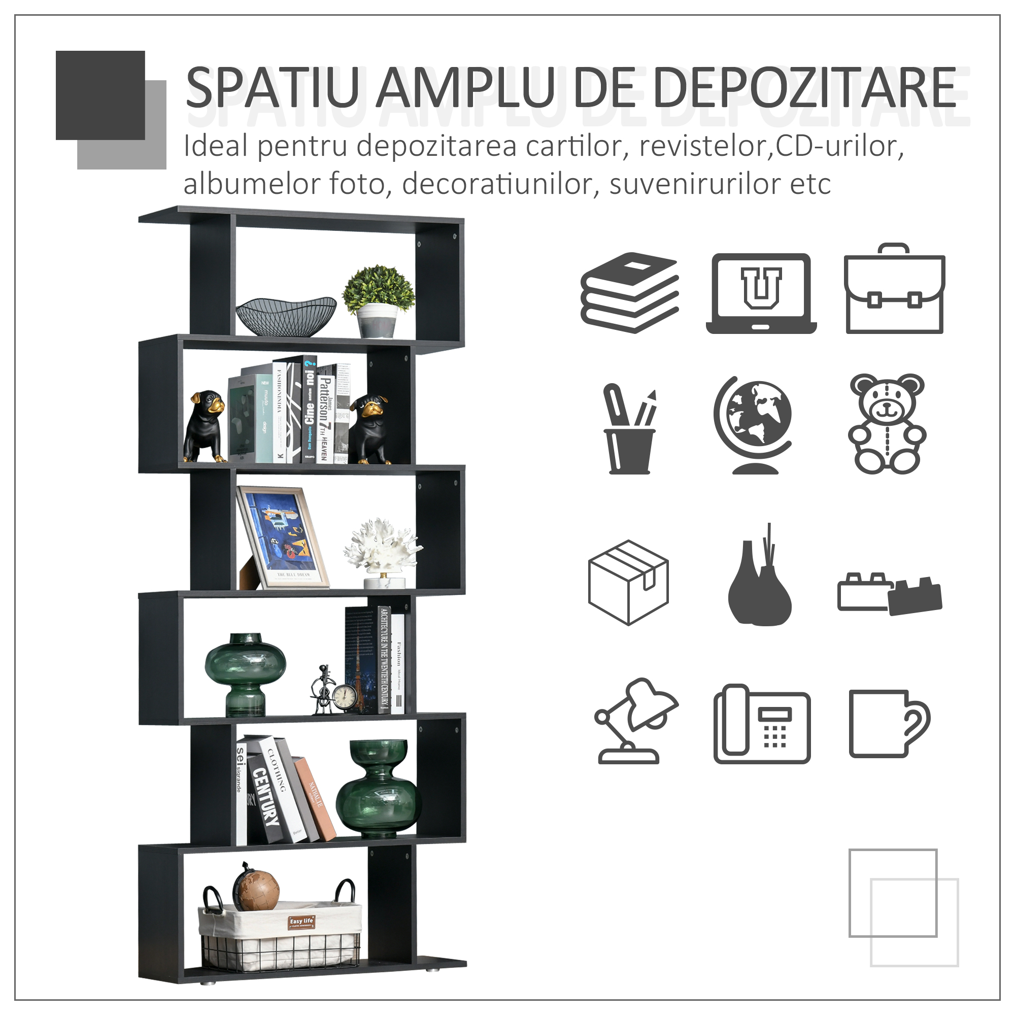 Biblioteca din Lemn cu 6 Rafturi, 80x24x191 cm, Negru [3]