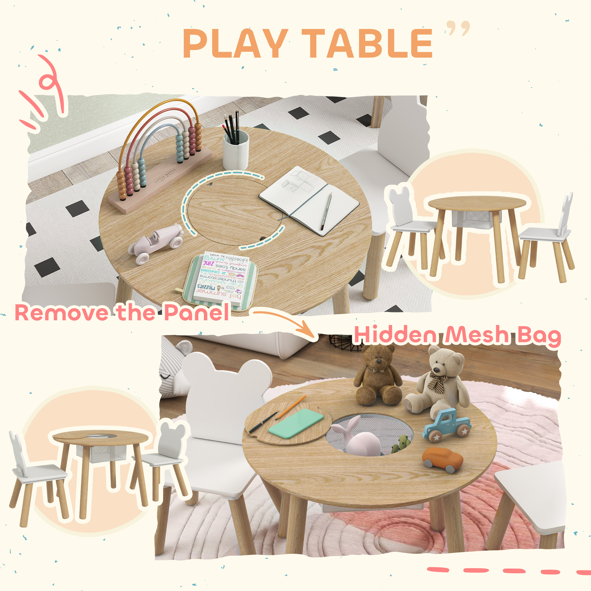 AIYAPLAY 3-Piece Kids Activity Table Set with Centre Mesh Bag, Bear-Shaped Backrest, for Arts and Crafts, Reading, Dining 5