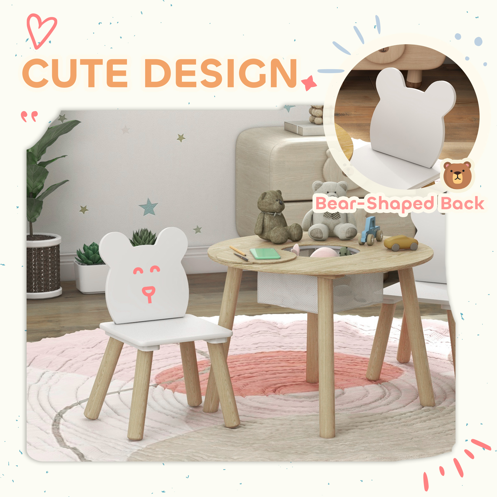 AIYAPLAY 3-Piece Kids Activity Table Set with Centre Mesh Bag, Bear-Shaped Backrest, for Arts and Crafts, Reading, Dining 3