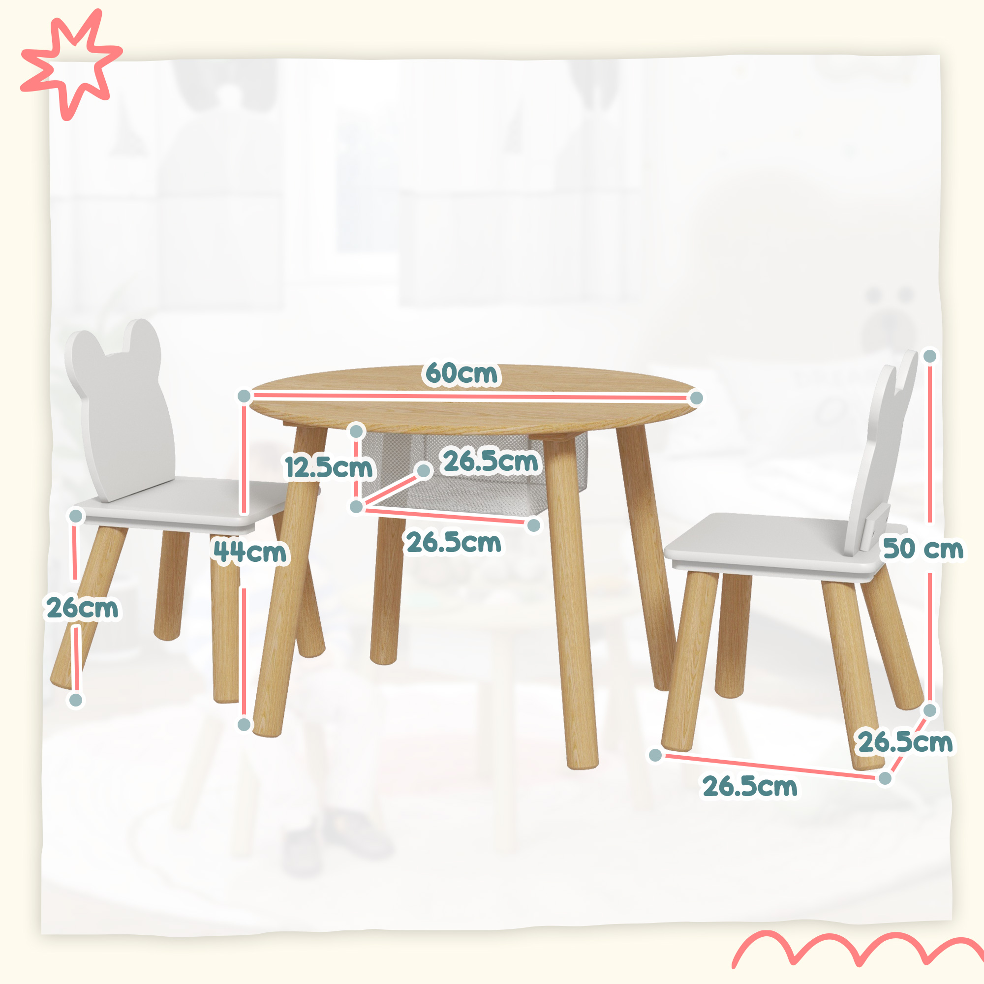 AIYAPLAY 3-Piece Kids Activity Table Set with Centre Mesh Bag, Bear-Shaped Backrest, for Arts and Crafts, Reading, Dining 4